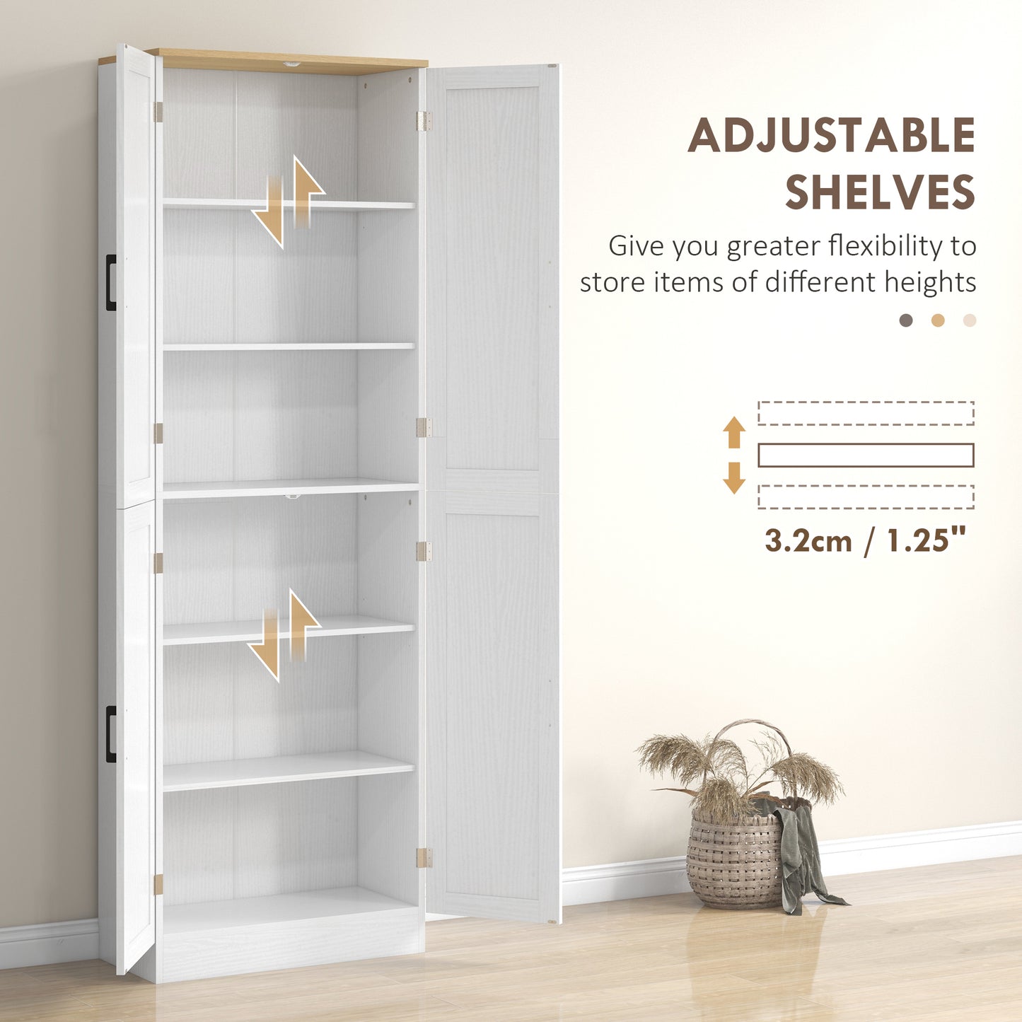 67" White Kitchen Pantry Cabinet - 4 Door Storage