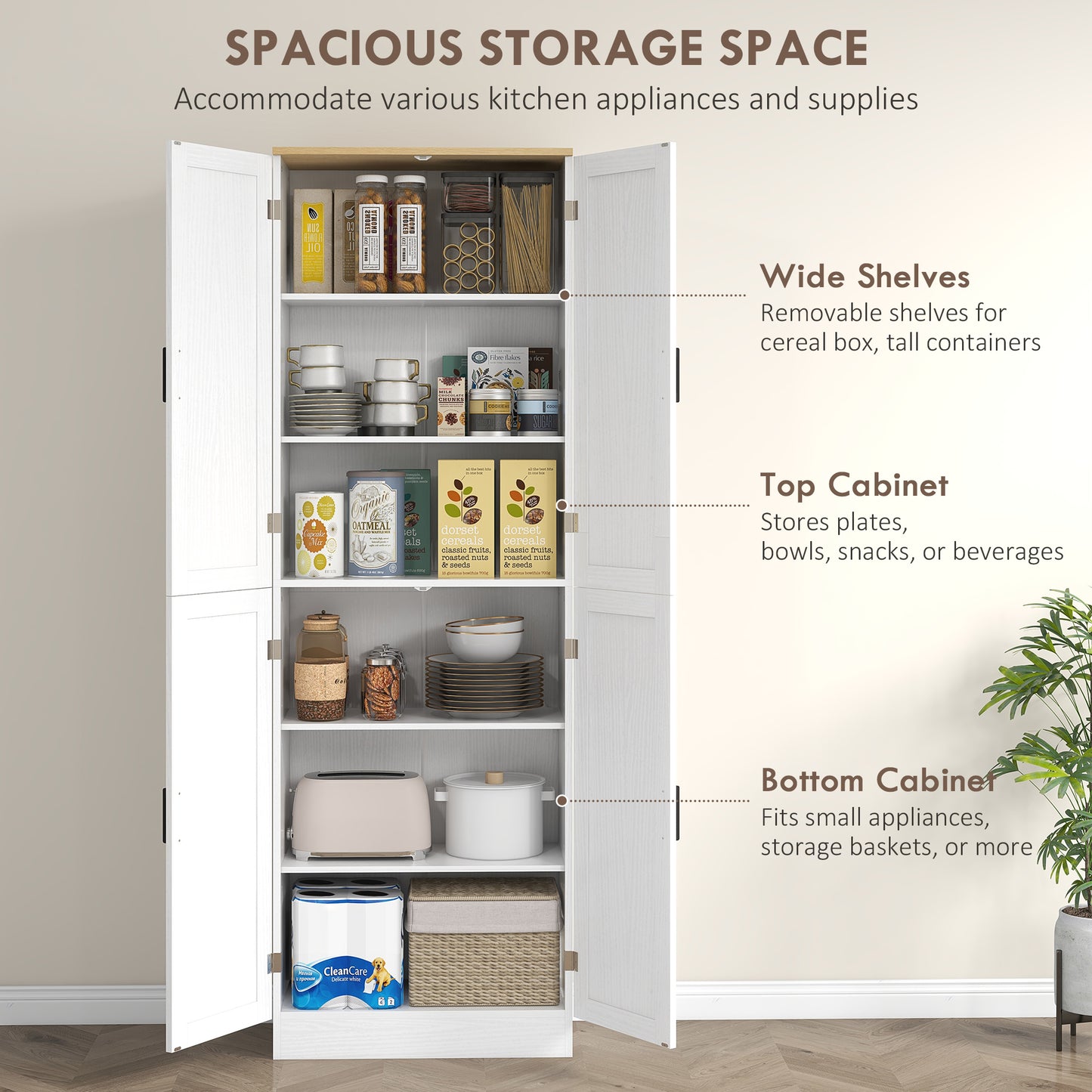 67" White Kitchen Pantry Cabinet - 4 Door Storage