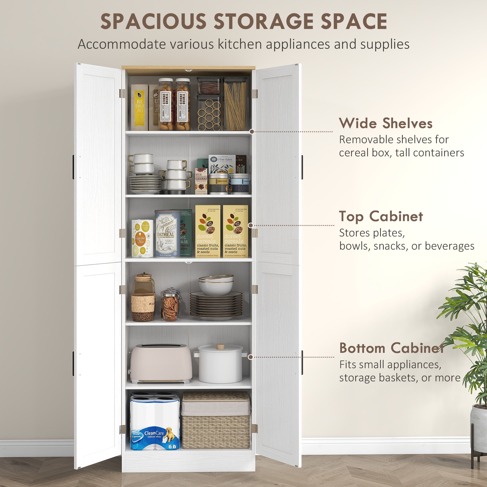 67" White Kitchen Pantry Cabinet - 4 Door Storage