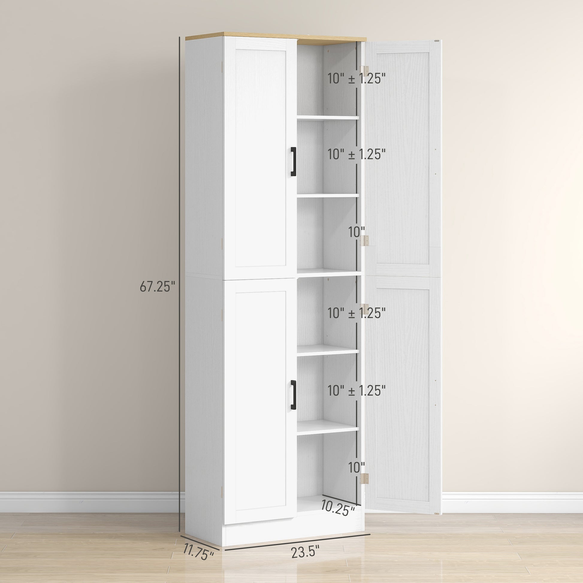 67" White Kitchen Pantry Cabinet - 4 Door Storage