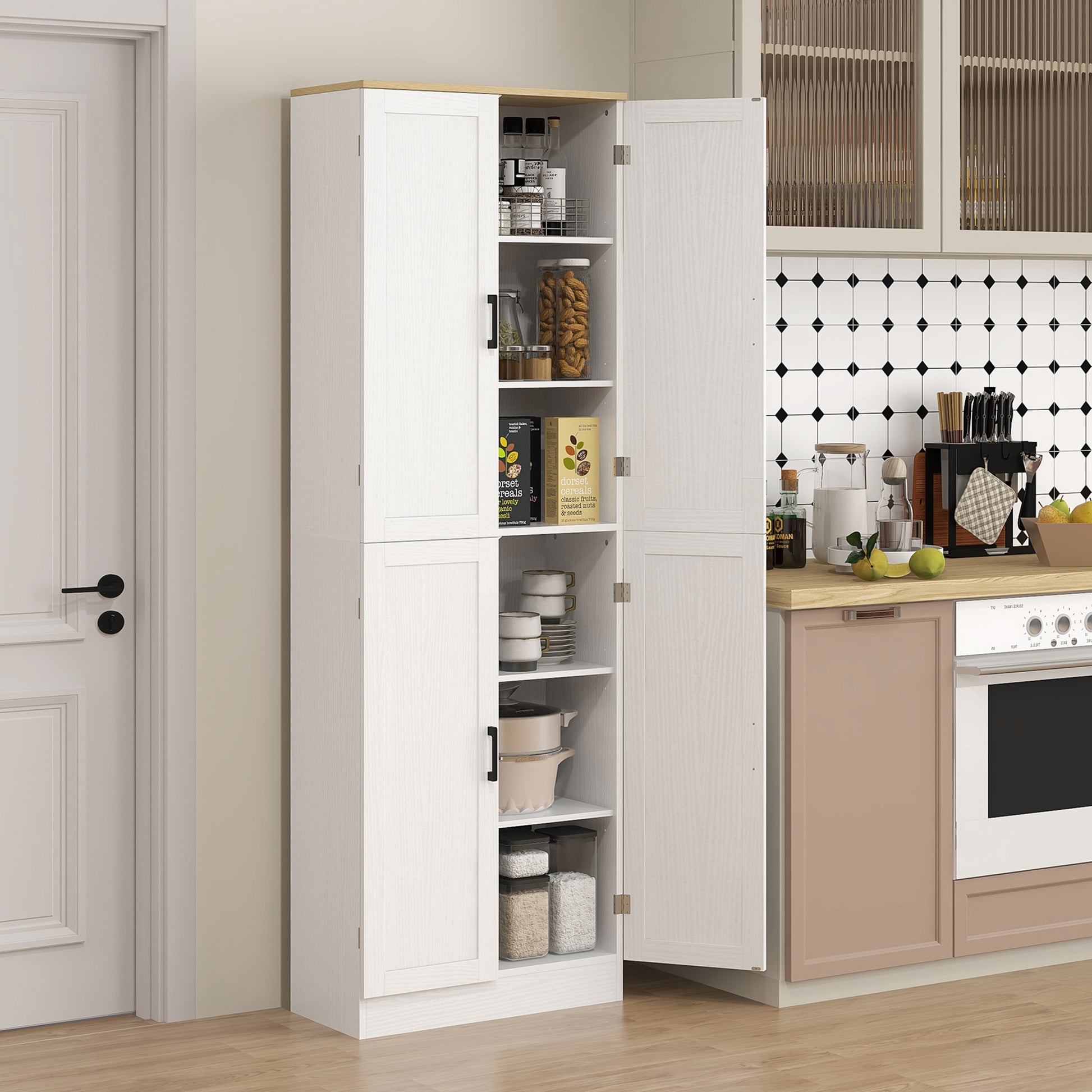 67" White Kitchen Pantry Cabinet - 4 Door Storage