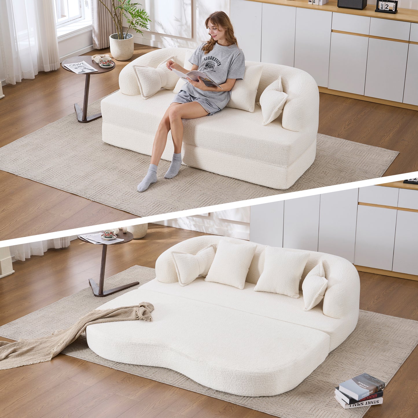(Old Sku : W2231P392100) 2-in-1 Foldable Sofa Bed,70 Inch Folding Boneless Couch Convertible Compressed Sleeper Sofabed, 4 Pillows for Living Room Apartment, Milk White