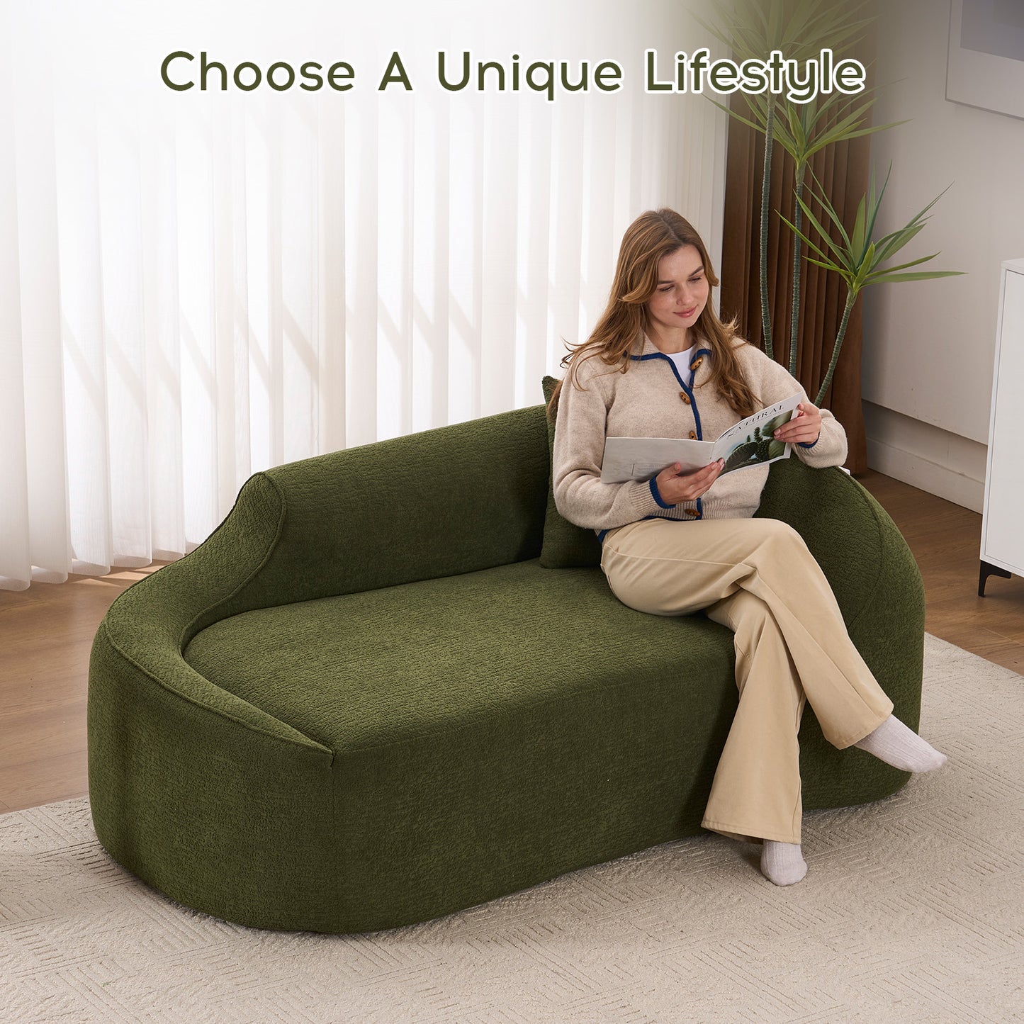 Green Chenille Chaise Longue Sofa Bed for Living Room and Guest
