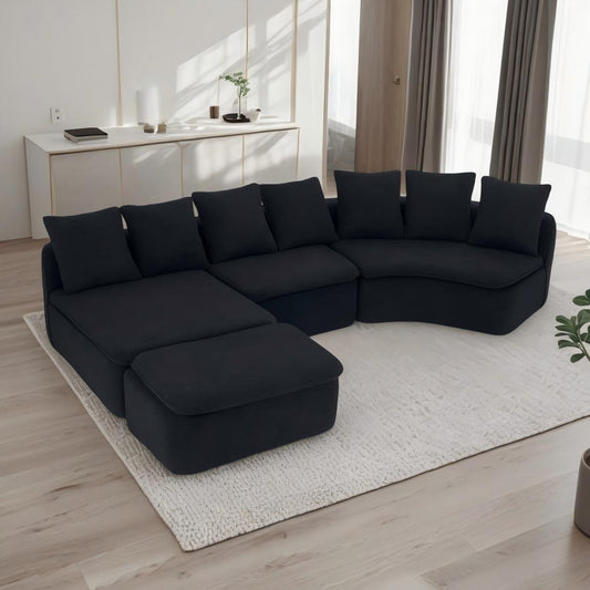 133'' Modular U-Shaped Sectional Compression Sofa with Removable Recliner Module Black Woodgrain Chenille Boneless Ideal for Large Living Rooms or Bedrooms Flexible Configuration for a Versatile