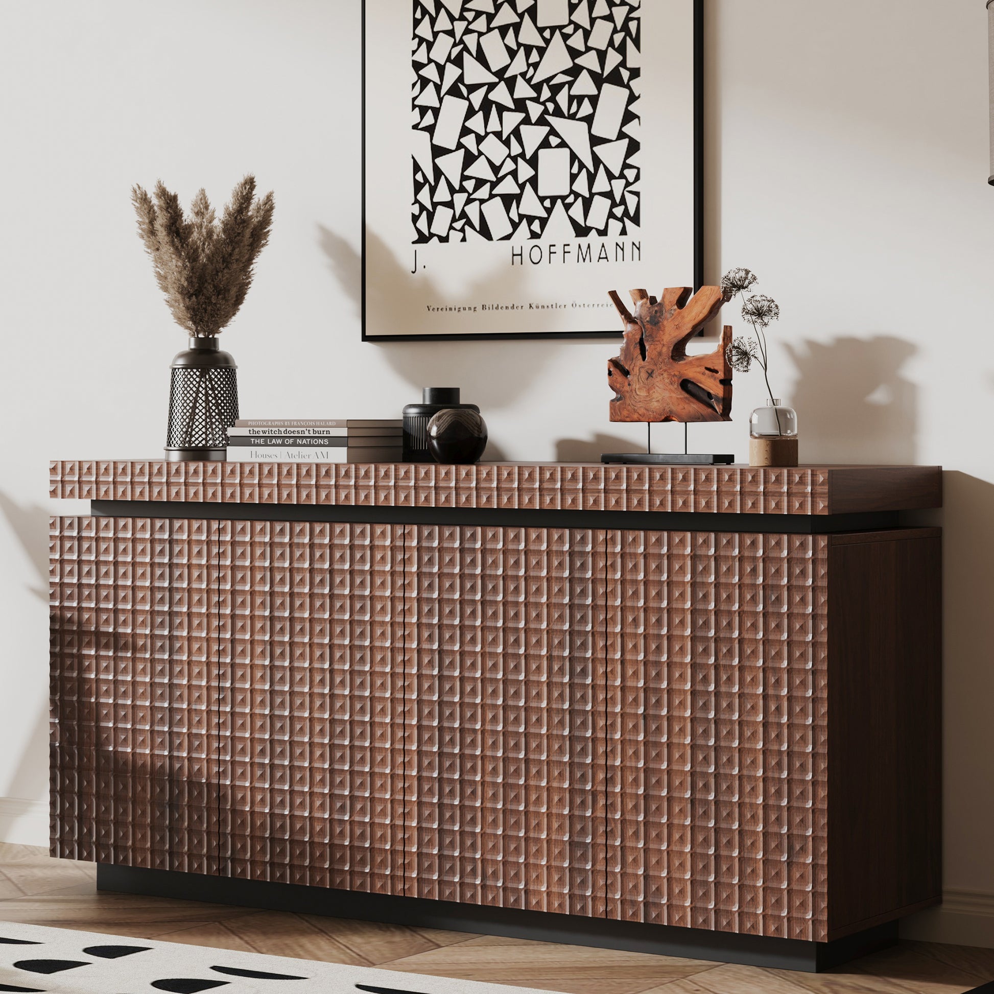 Sideboard Buffet Cabinet,Modern Accent Storage Sideboard, Luxurious Floor Cabinet Buffet with Freestanding Anti Dumping for Kitchen, Living Room, Entryway, Hallway,58.3" Wide 4-Door Sideboard(Brown)