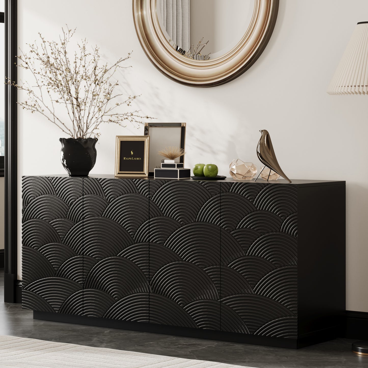 Sideboard Buffet Cabinet, 4 Doors Modern Accent Storage Sideboard, Luxurious Floor Cabinet Buffet with Freestanding Anti Dumping for Kitchen, Living Room, 59" Wide Rectangular Buffet Table(Black)