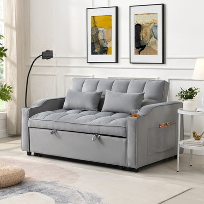 Modern Velvet Loveseat Futon Sofa Couch w/Pullout Bed,Small Love Seat Lounge Sofa with adjustable Reclining Backrest,Toss Pillows, Pockets,Furniture for Living Room,3 in 1 Convertible Sleeper Sofa Bed