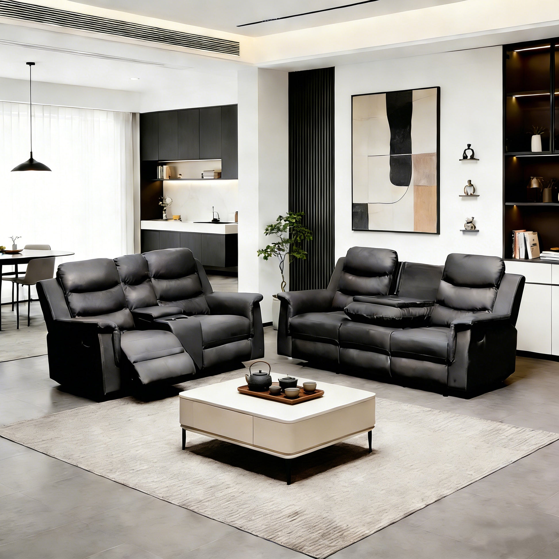 Reclining Loveseat with Middle Console Slipcover, Stretch Loveseat Reclining Sofa Covers (BLACK, 2 +3 Seat Recliner Cover with Console)