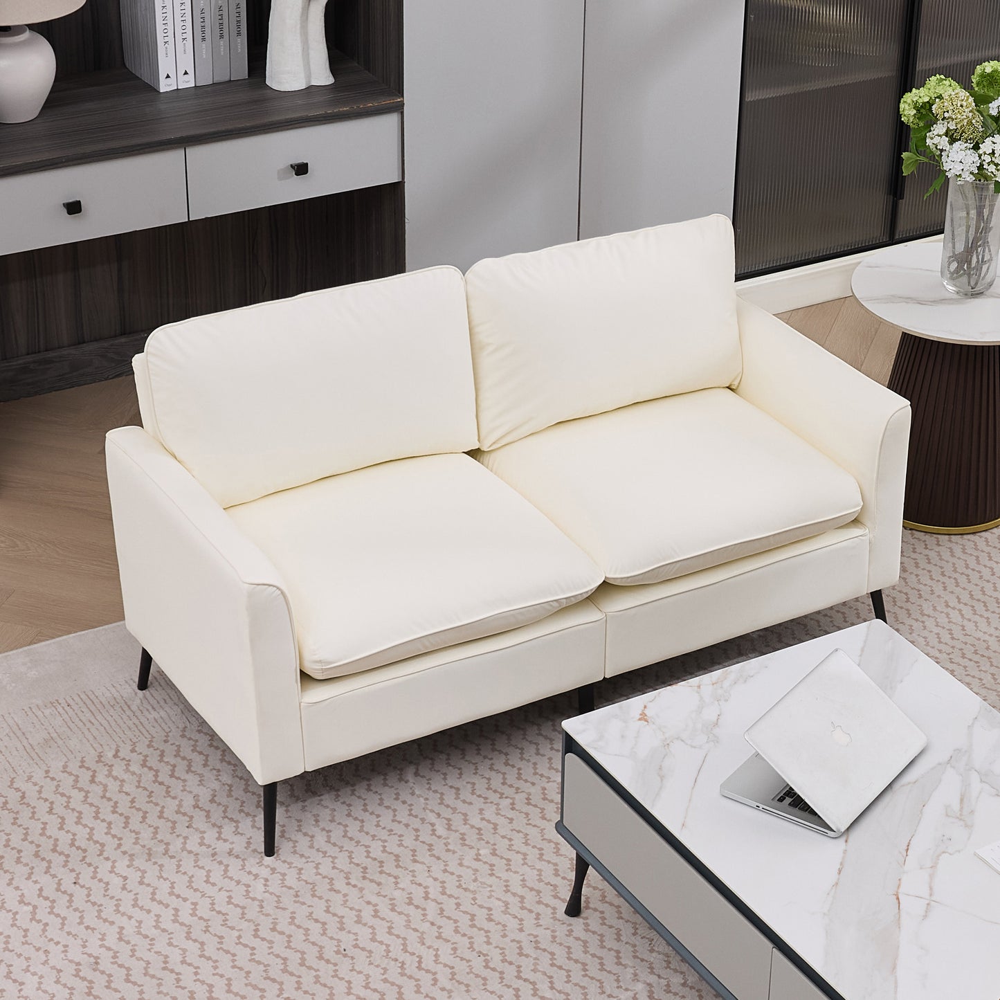 Cream White Faux Leather Sectional Sofa Chair - 4 Seat for Living Room
