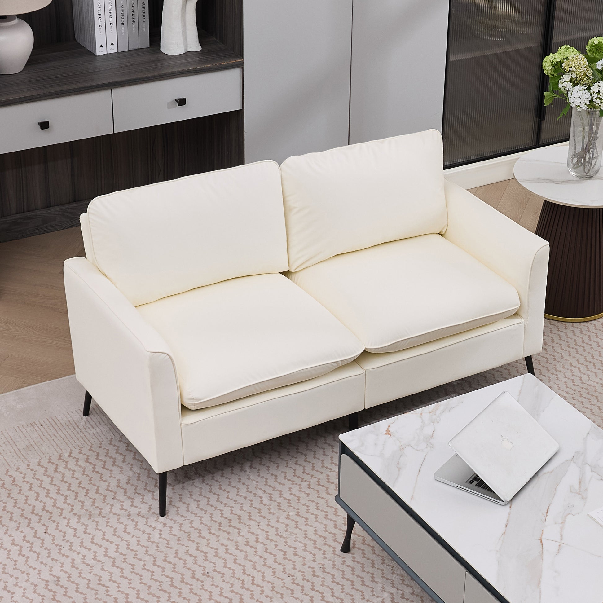 Cream White Faux Leather Sectional Sofa Chair - 4 Seat for Living Room