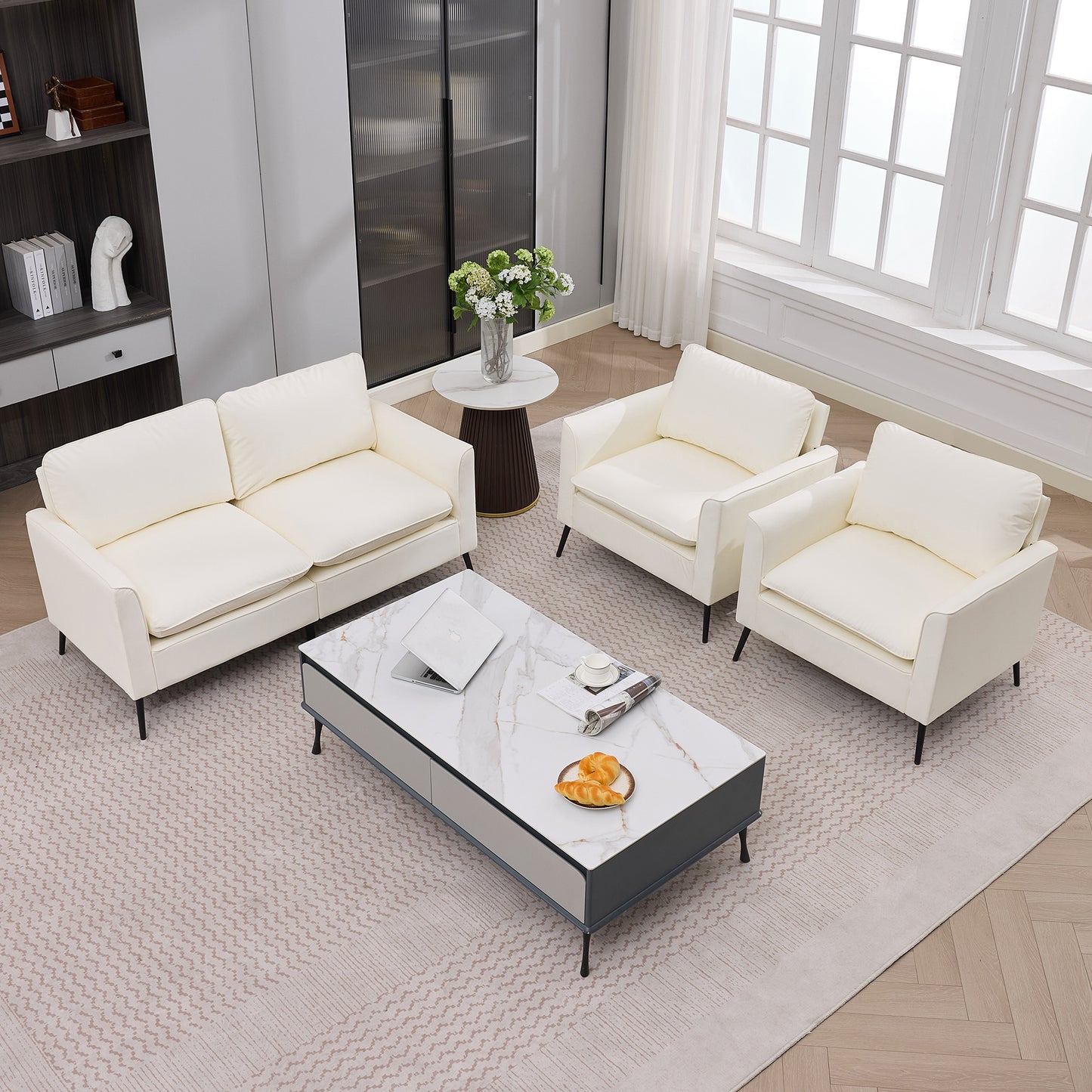 Cream White Faux Leather Sectional Sofa Chair - 4 Seat for Living Room
