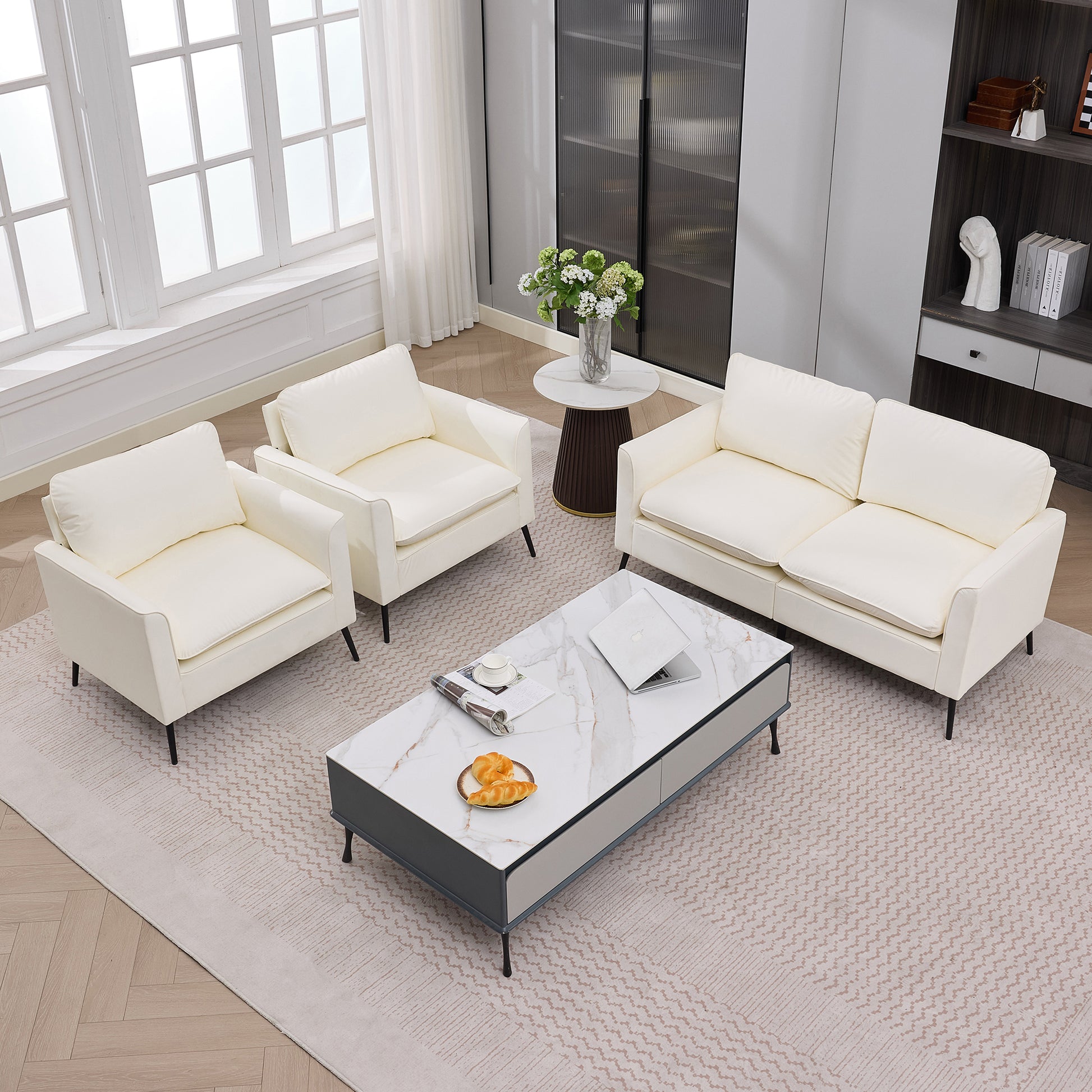 Cream White Faux Leather Sectional Sofa Chair - 4 Seat for Living Room