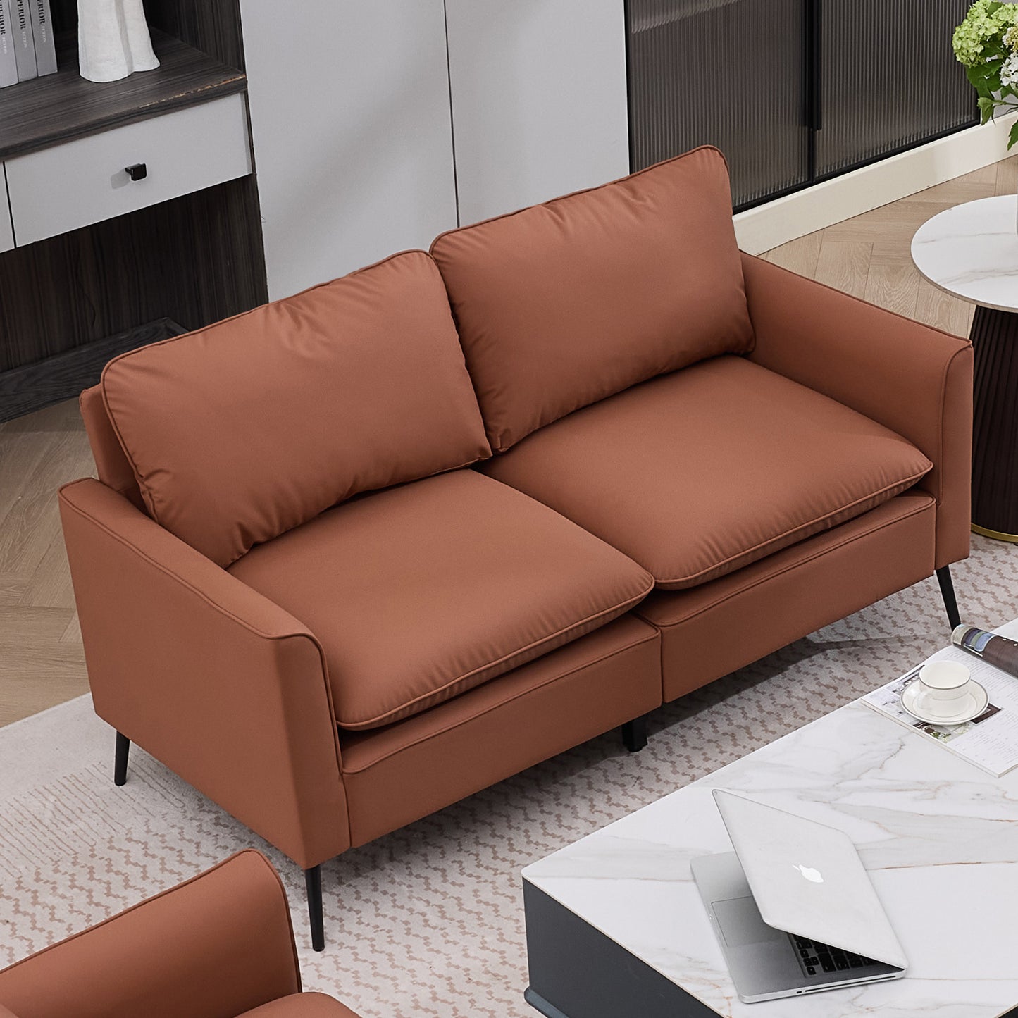 Brown Faux Leather Sectional Sofa - 4 Seat Bedroom