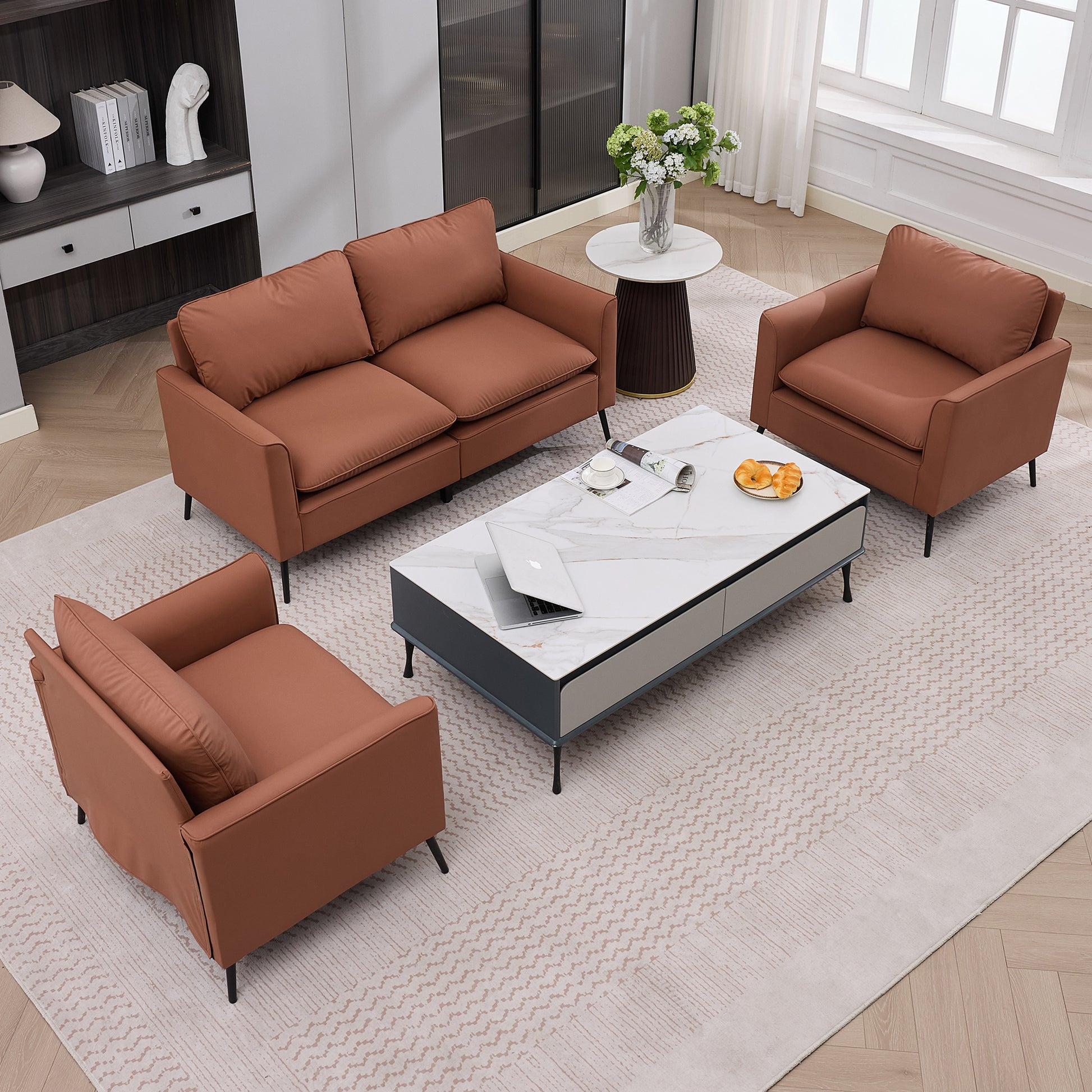 Brown Faux Leather Sectional Sofa - 4 Seat Bedroom