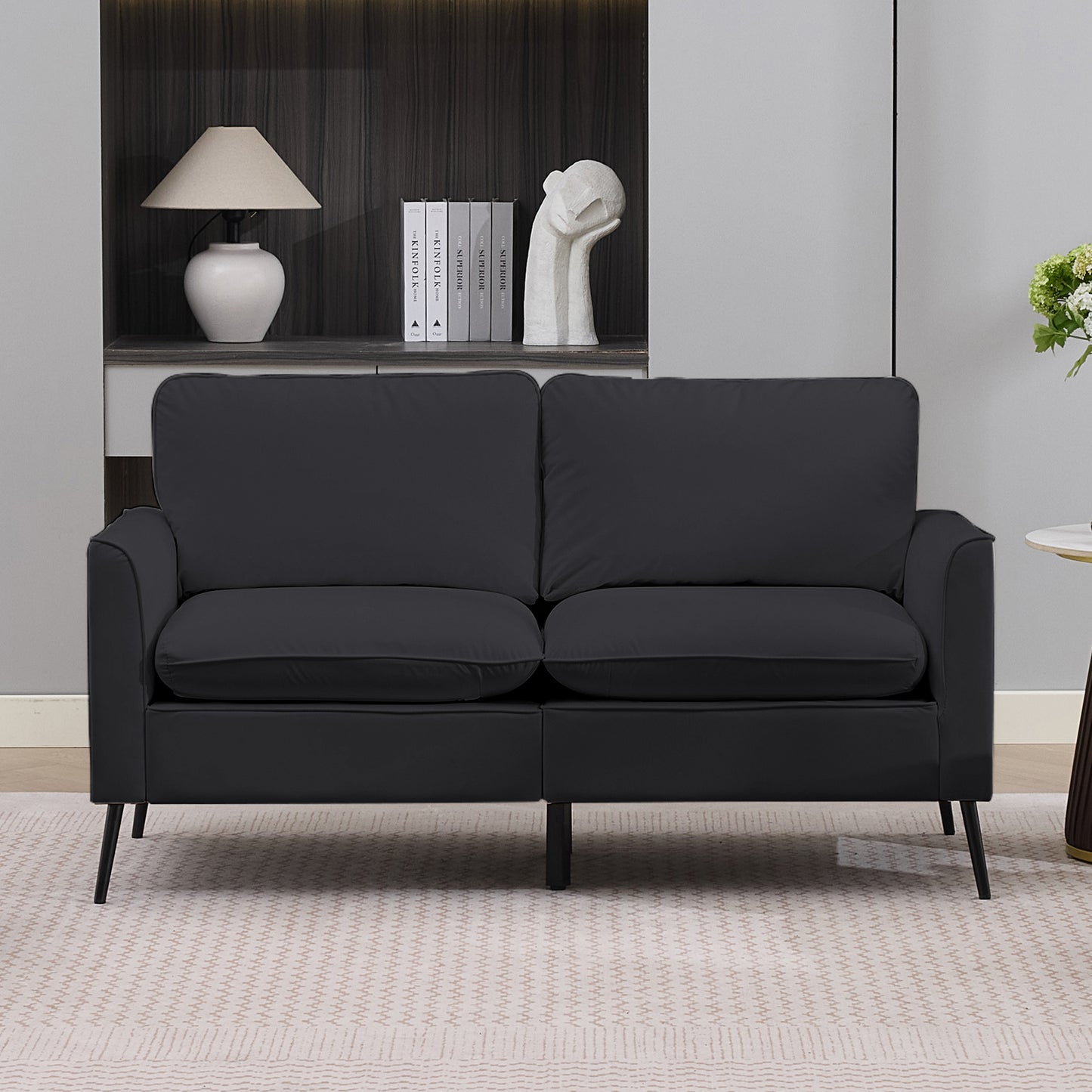 Black Faux Leather Sectional Sofa - 4 Seat Bedroom Chair