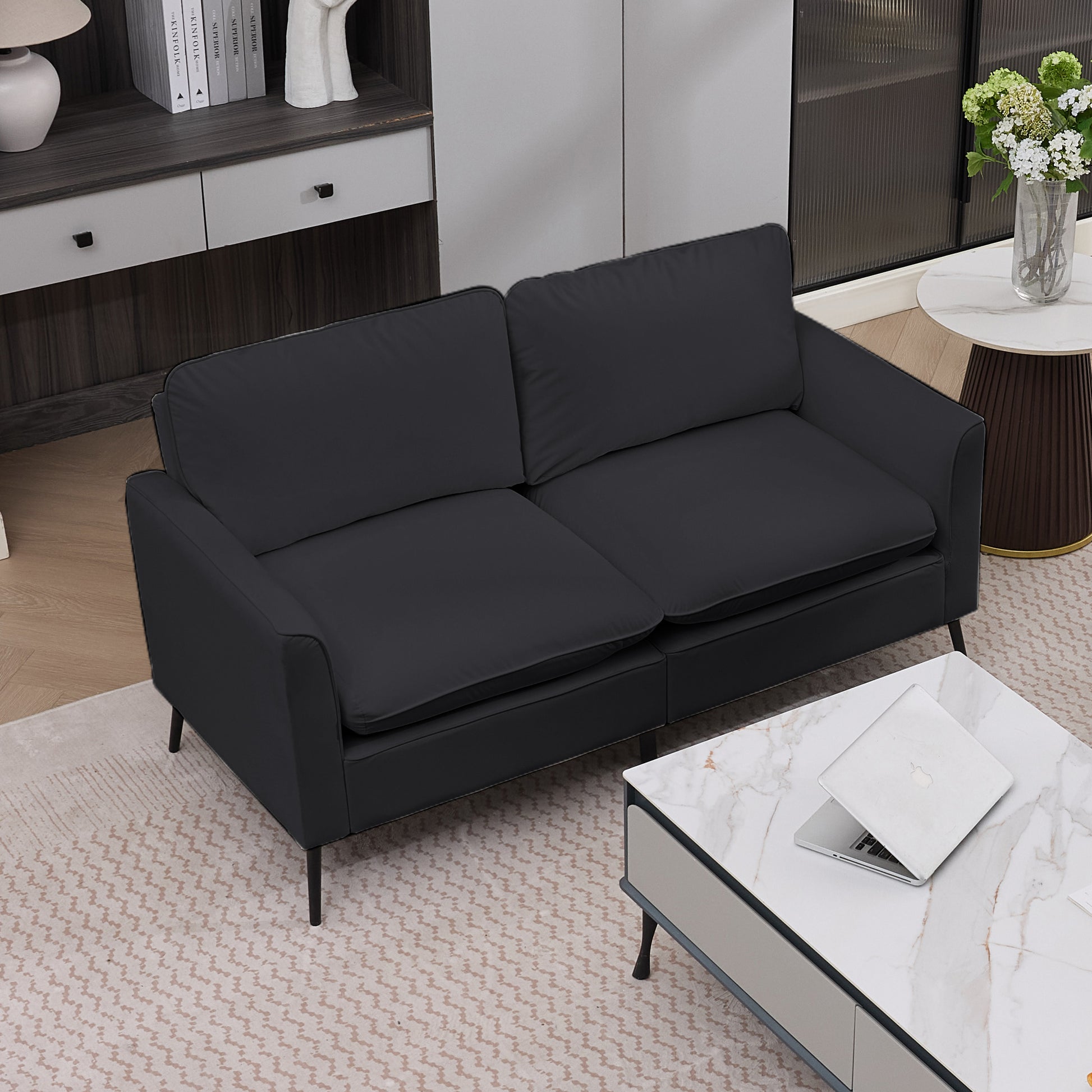 Black Faux Leather Sectional Sofa - 4 Seat Bedroom Chair
