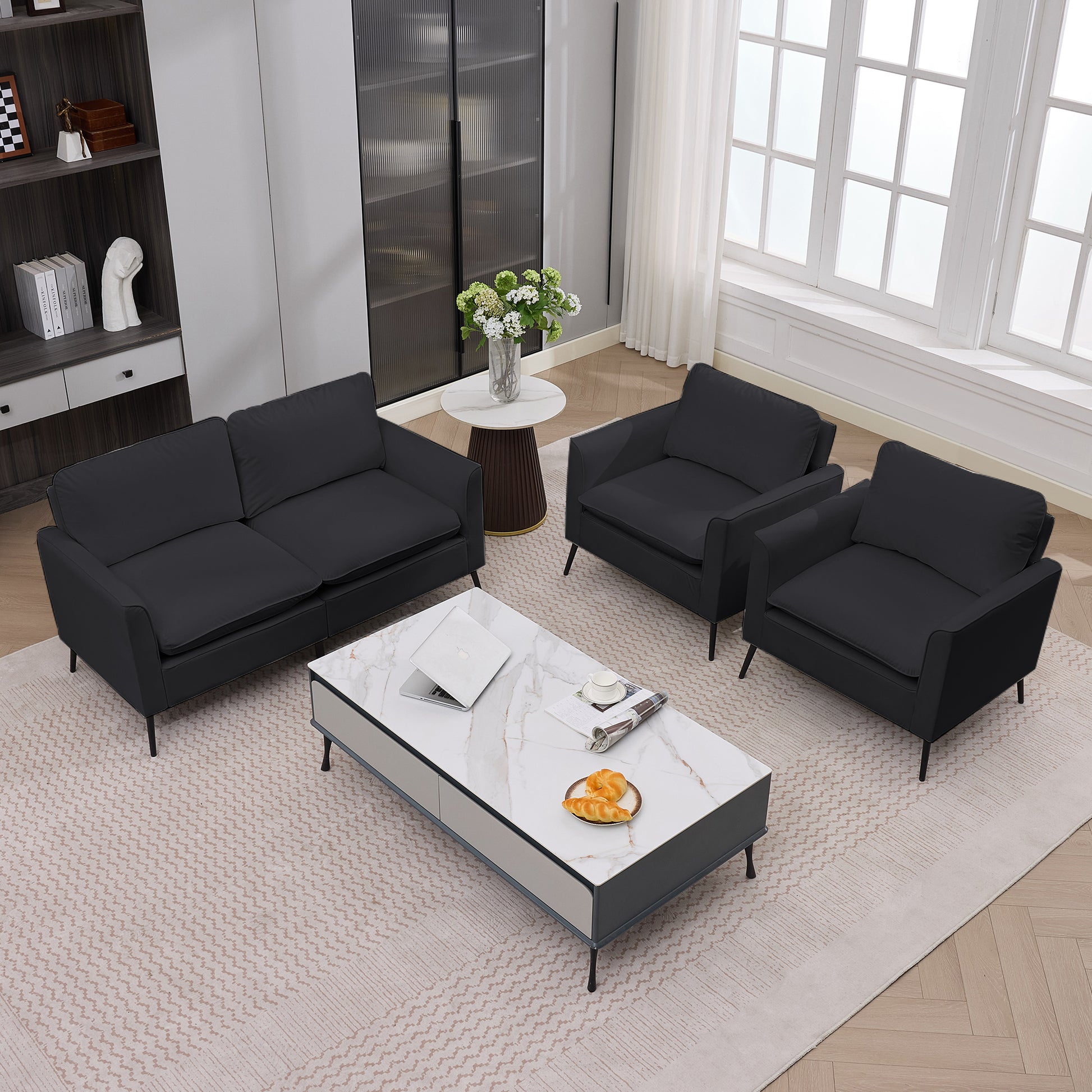 Black Faux Leather Sectional Sofa - 4 Seat Bedroom Chair