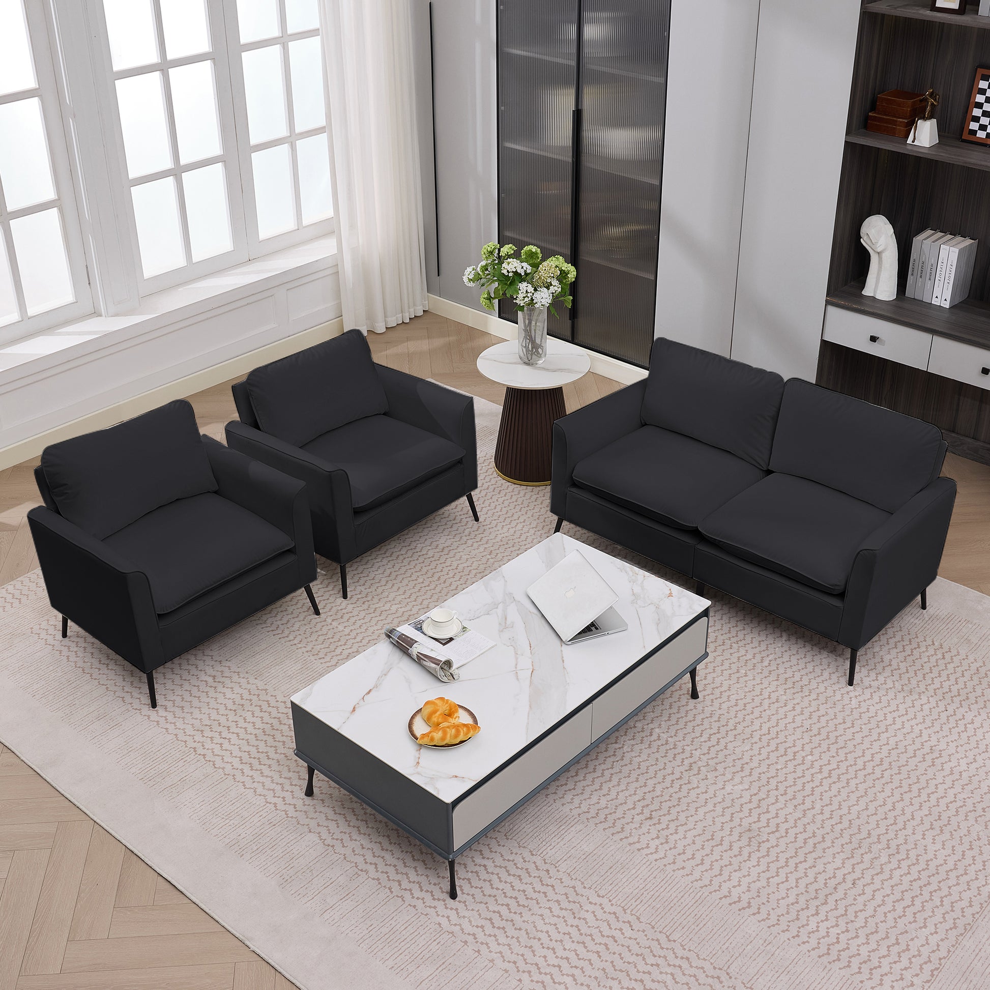 Black Faux Leather Sectional Sofa - 4 Seat Bedroom Chair