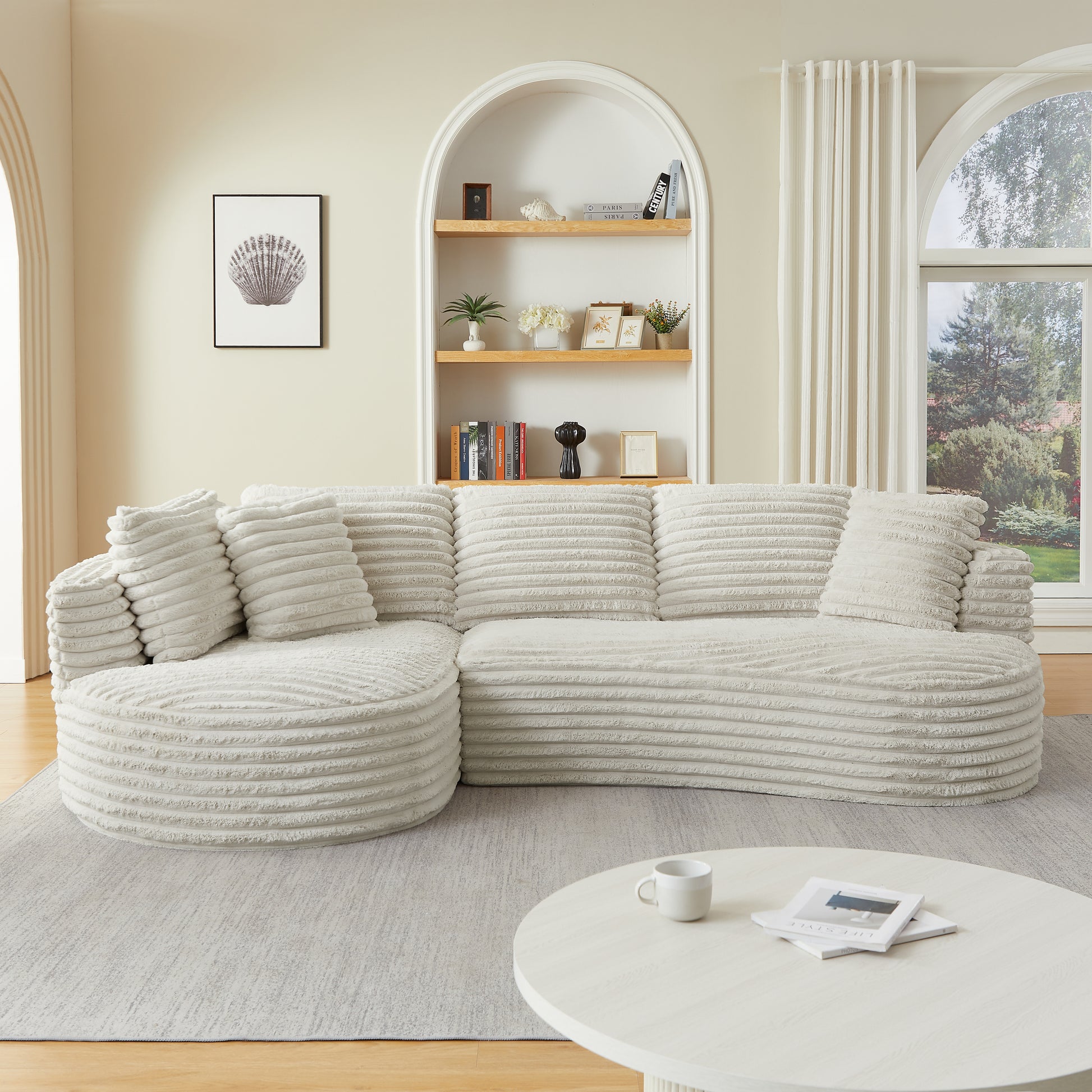 Cream Corduroy L-Shape Sectional Sofa - 4 Seats, No Assembly for Living Room