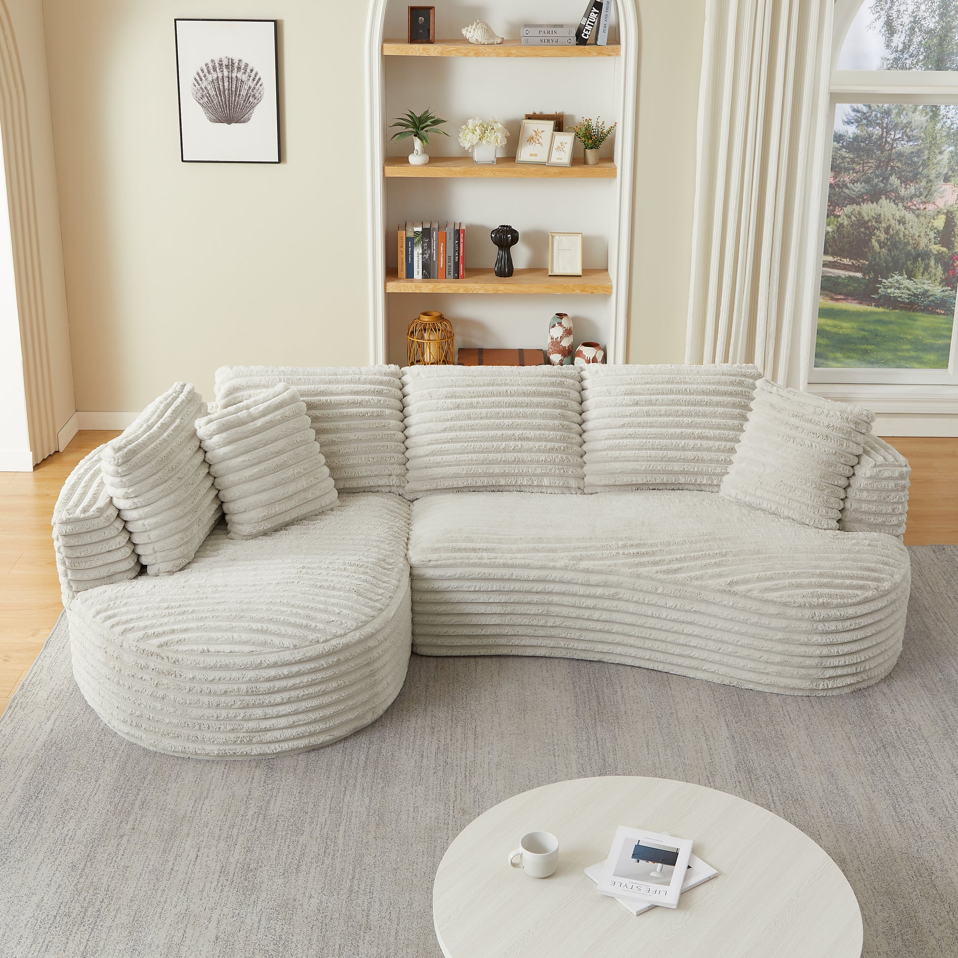 Cream Corduroy L-Shape Sectional Sofa - 4 Seats, No Assembly for Living Room