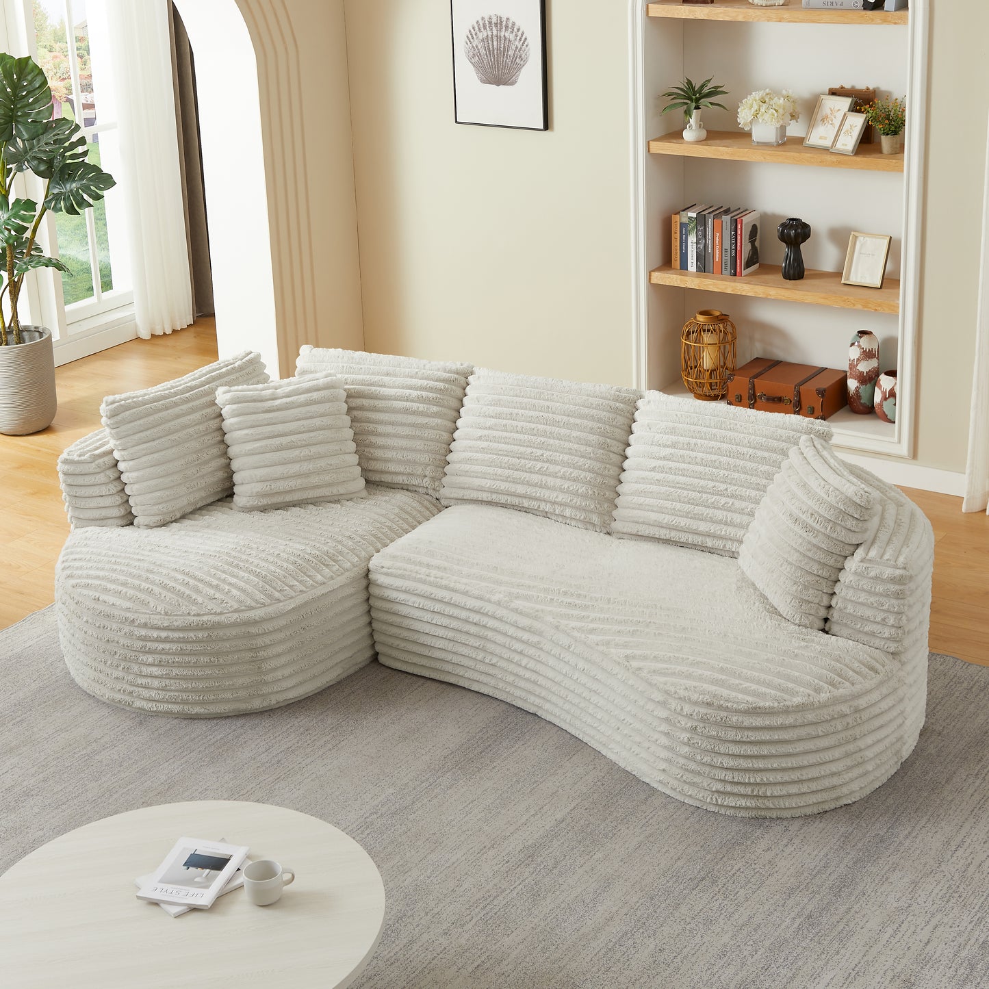 Cream Corduroy L-Shape Sectional Sofa - 4 Seats, No Assembly for Living Room