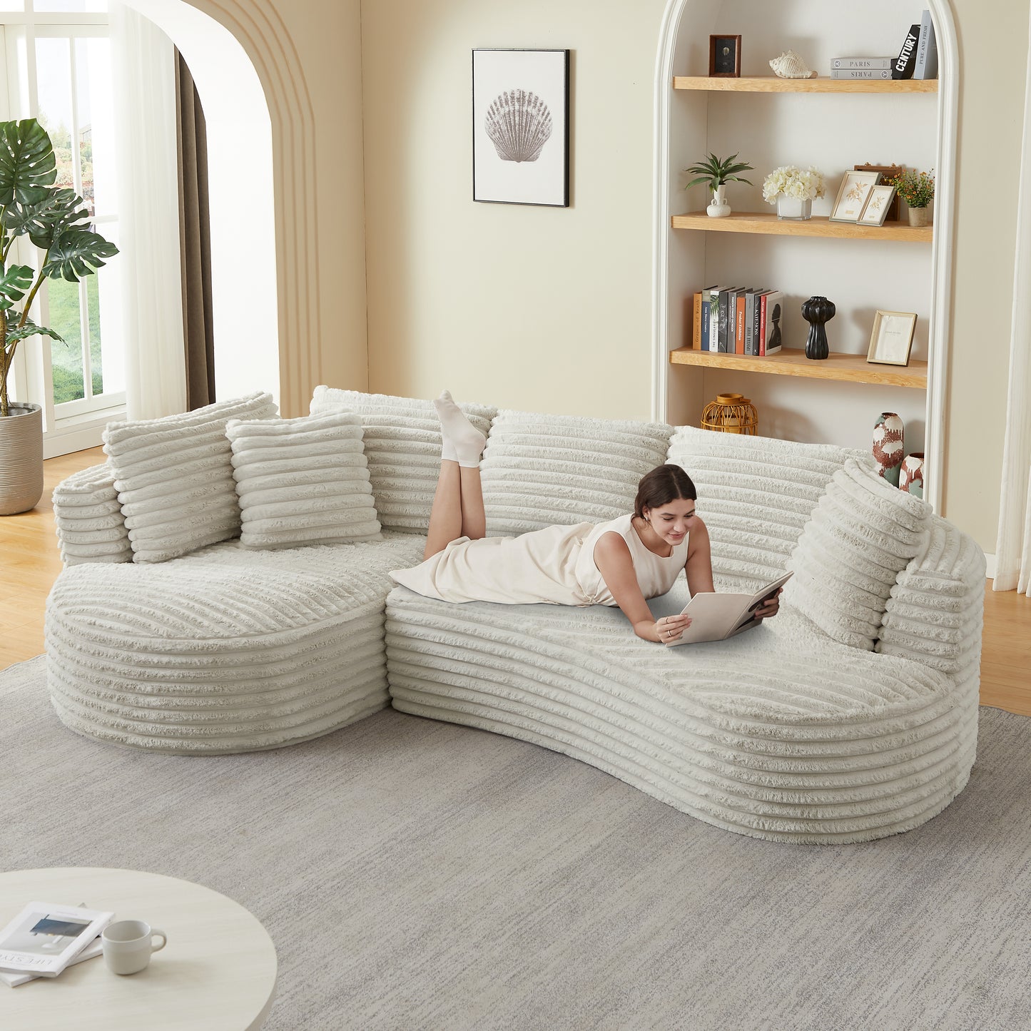 Cream Corduroy L-Shape Sectional Sofa - 4 Seats, No Assembly for Living Room