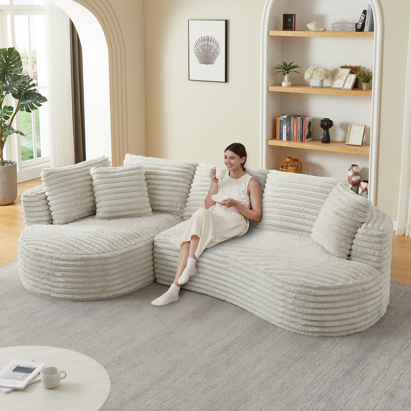 Cream Corduroy L-Shape Sectional Sofa - 4 Seats, No Assembly for Living Room