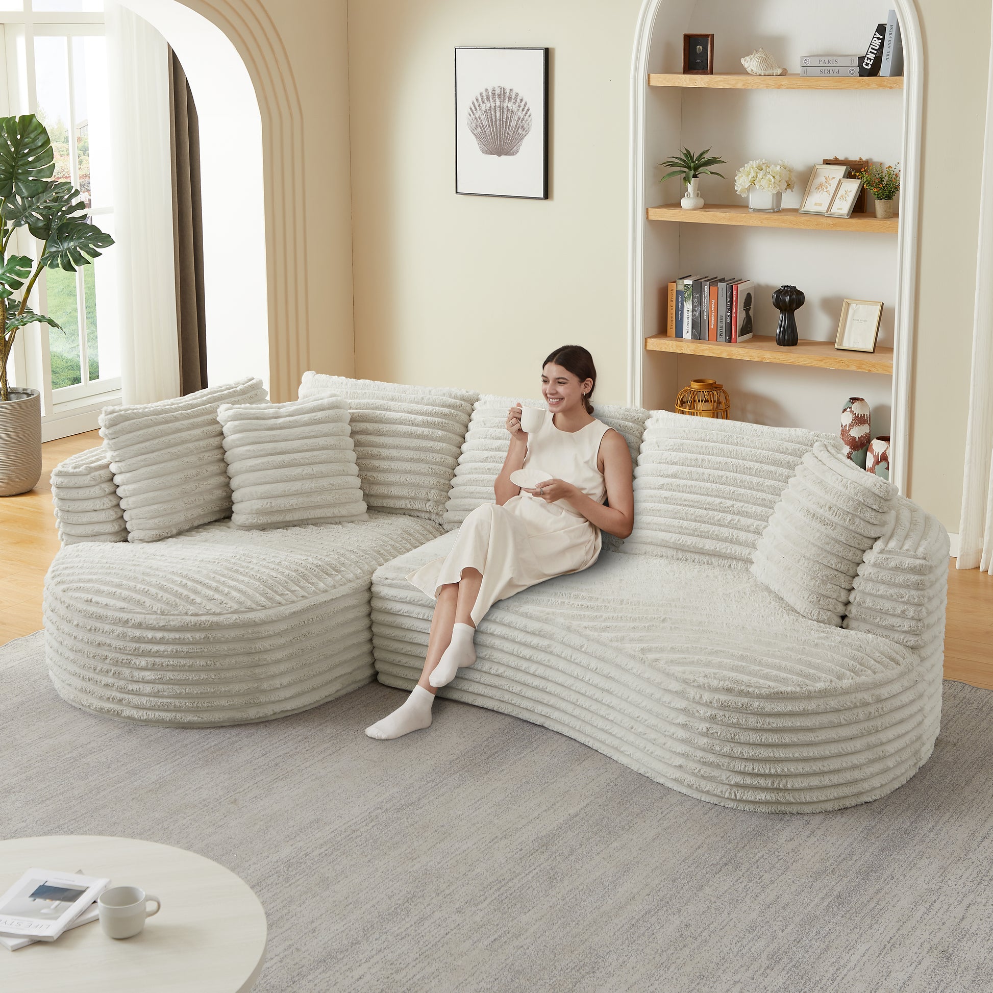 Cream Corduroy L-Shape Sectional Sofa - 4 Seats, No Assembly for Living Room