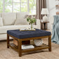 Upholstered Coffee Table Tufted Linen Large Square Ottoman with Beech Wood Shelf and Frame, Oversized Footrest Ottoman for Living Room, Navy Blue