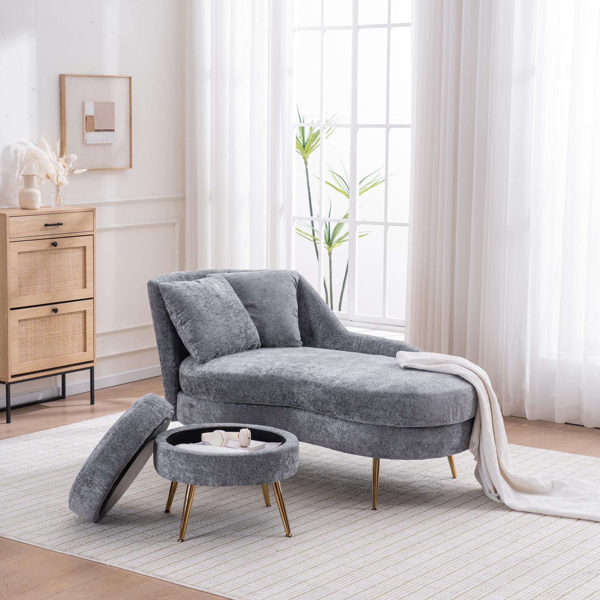 58'' Indoor Chenille Chair with Left Armrest and Lumbar Pillow Upholstered Furniture Lounge Chair,  Lounge Sofa for Living Room Bedroom Office with Footstool.