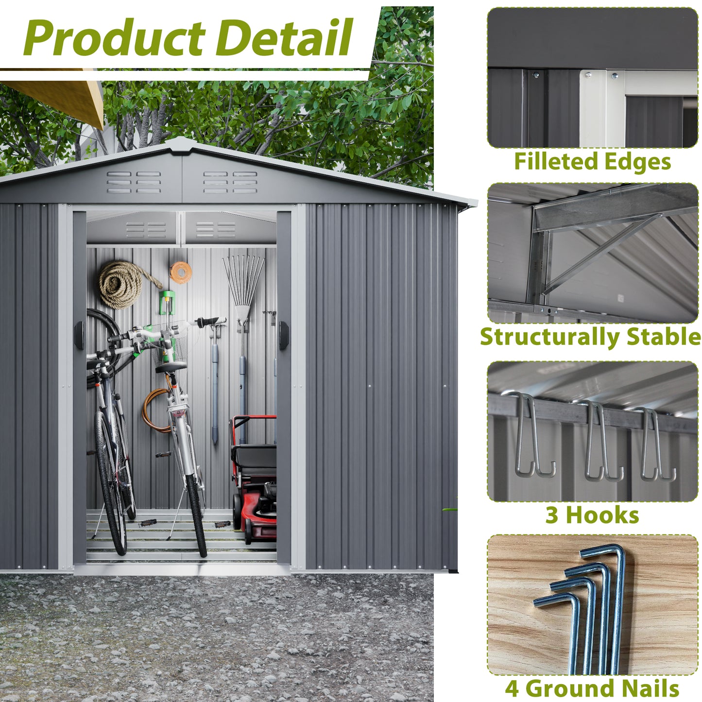 Gray Metal Storage Shed for Garden or Poolside Use, All Weather