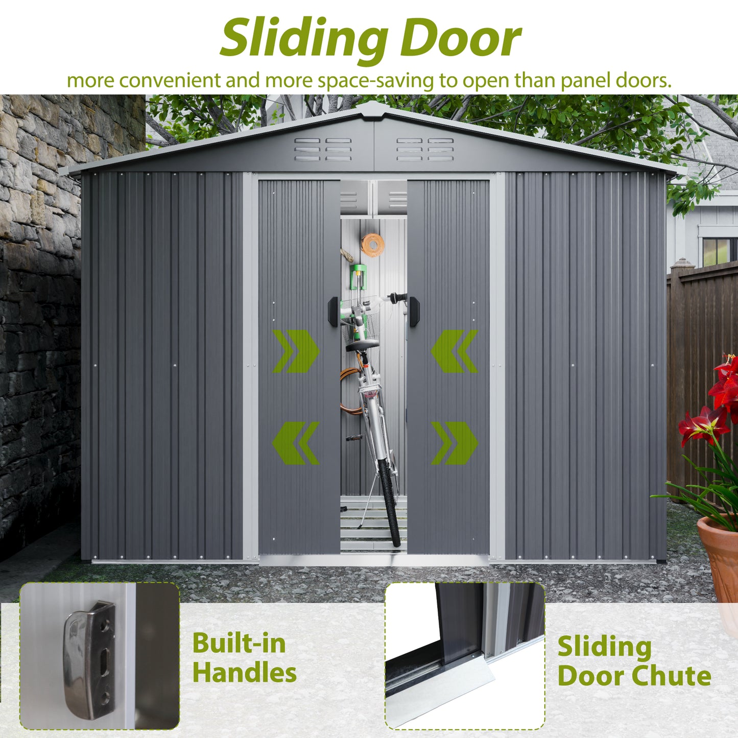 Gray Metal Storage Shed for Garden or Poolside Use, All Weather