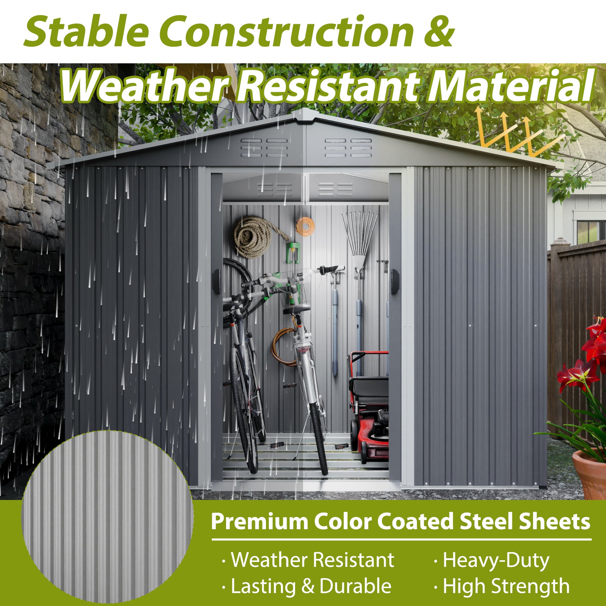 Gray Metal Storage Shed for Garden or Poolside Use, All Weather