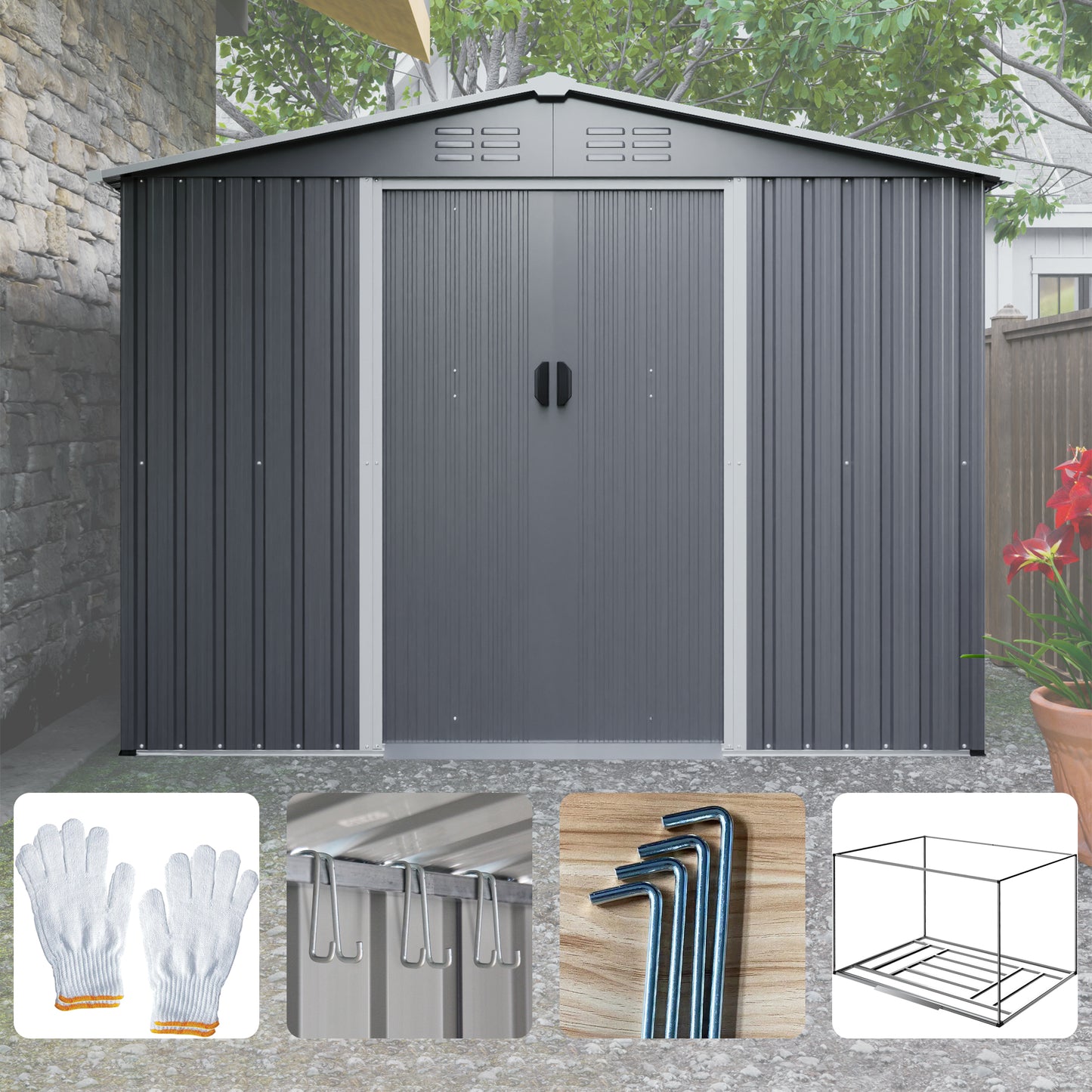 Gray Metal Storage Shed for Garden or Poolside Use, All Weather