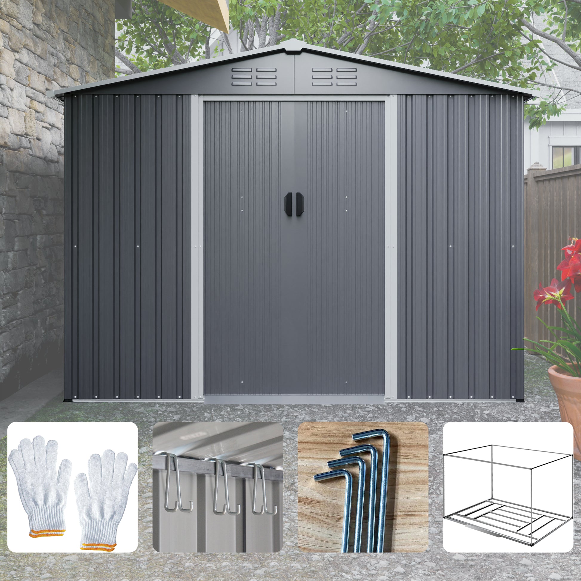 Gray Metal Storage Shed for Garden or Poolside Use, All Weather