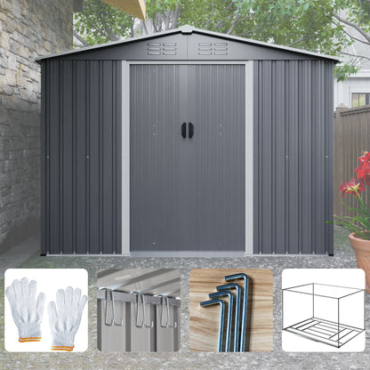 Gray Metal Storage Shed for Garden or Poolside Use, All Weather