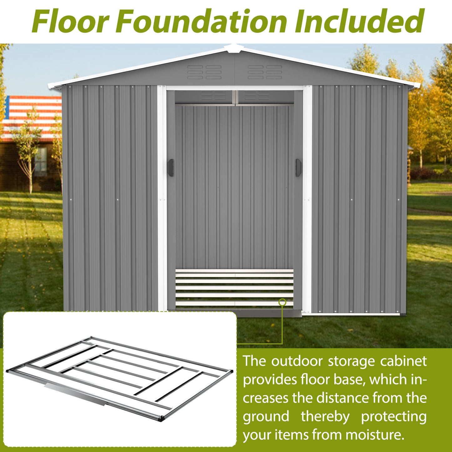 Gray Metal Storage Shed for Garden or Poolside Use, All Weather