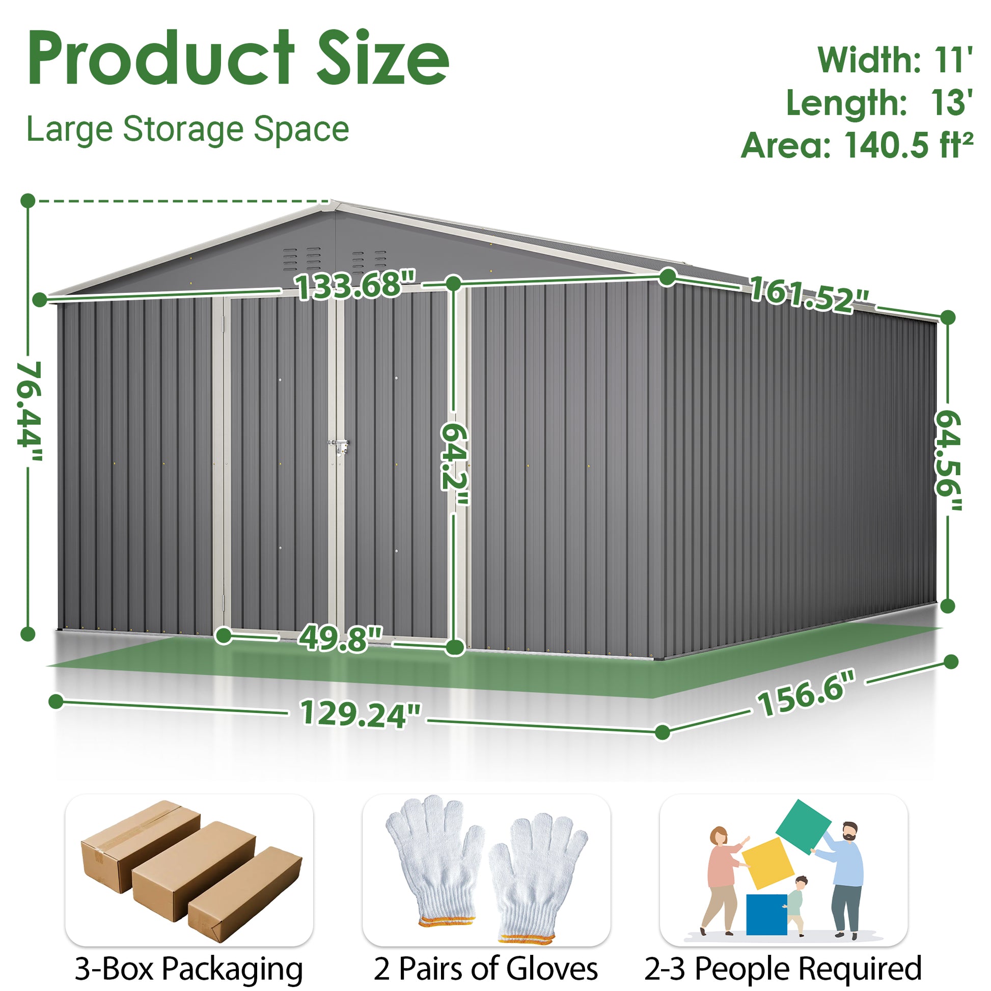 11x13 FT Metal Storage Shed - Weatherproof Outdoor Garden House