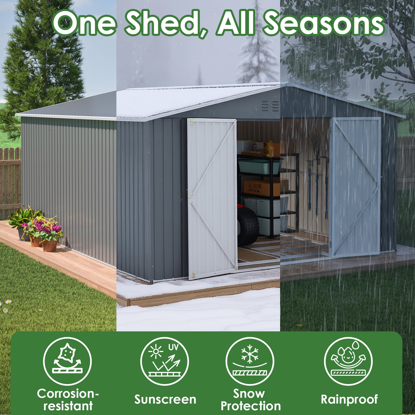 11x13 FT Metal Storage Shed - Weatherproof Outdoor Garden House