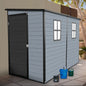 4x8ft Outdoor Resin Garden Shed with Floor and 2 Windows, Plastic Patio Outdoor Storage Shed with Lockable Door for Garden Tools, Bicycles, Trash Cans, Gray+Black(W2556S00008)