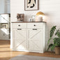 Farmhouse Double Tilt Out Trash Cabinet for 20 Gallon Trash Cans, Free Standing Recycling Cabinet with Hideaway Drawer, Barn Door Style Laundry Sorter Cabinet, Tilt Out Trash Cabinet for Kitchen