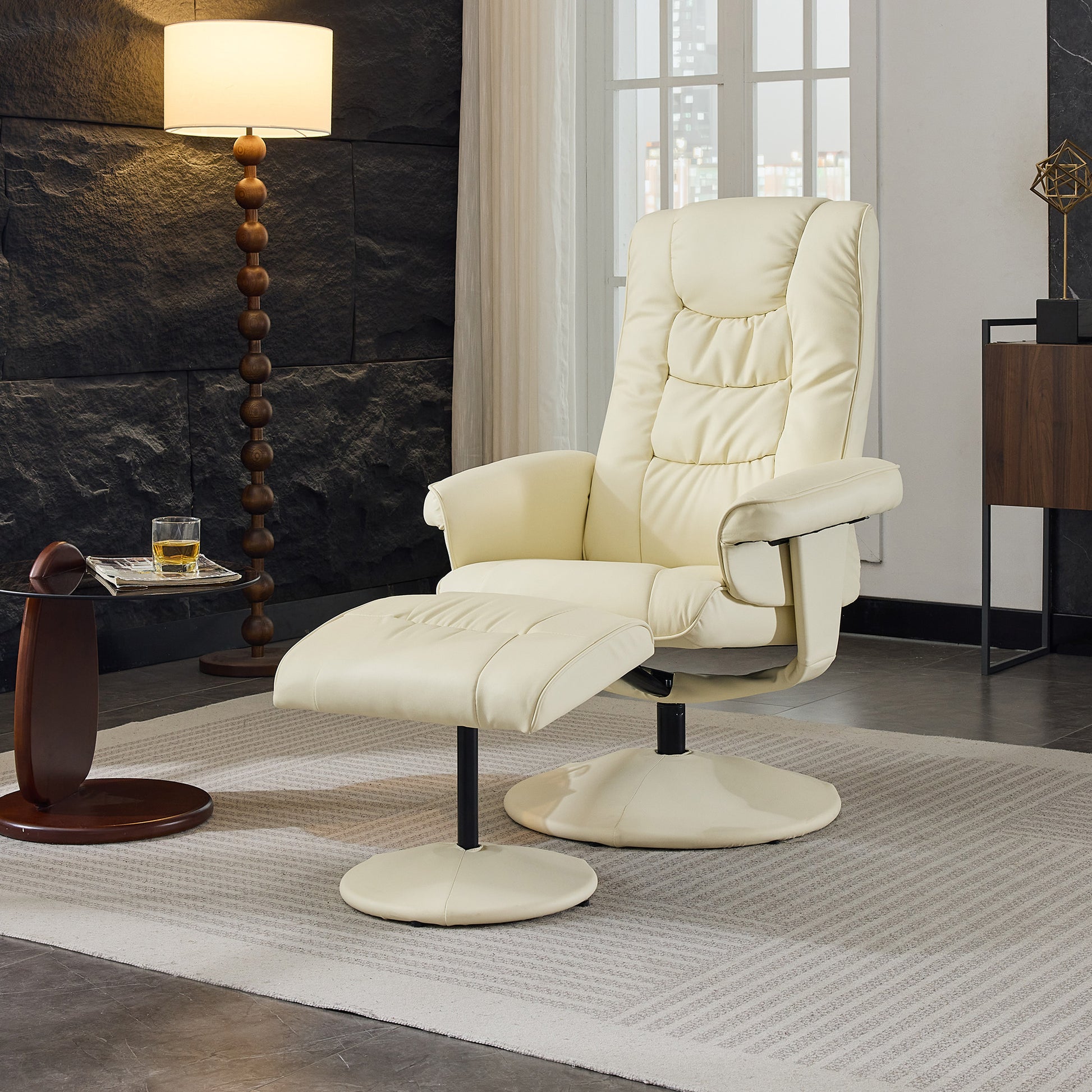 015-Recliner Chair with Ottoman - 360° Swivel Massage Lounge Chair with 5-Point Vibration & Heated Seat, 140° Adjustable PU Leather Recliner for Living Room, Home Theater or Office, Beige