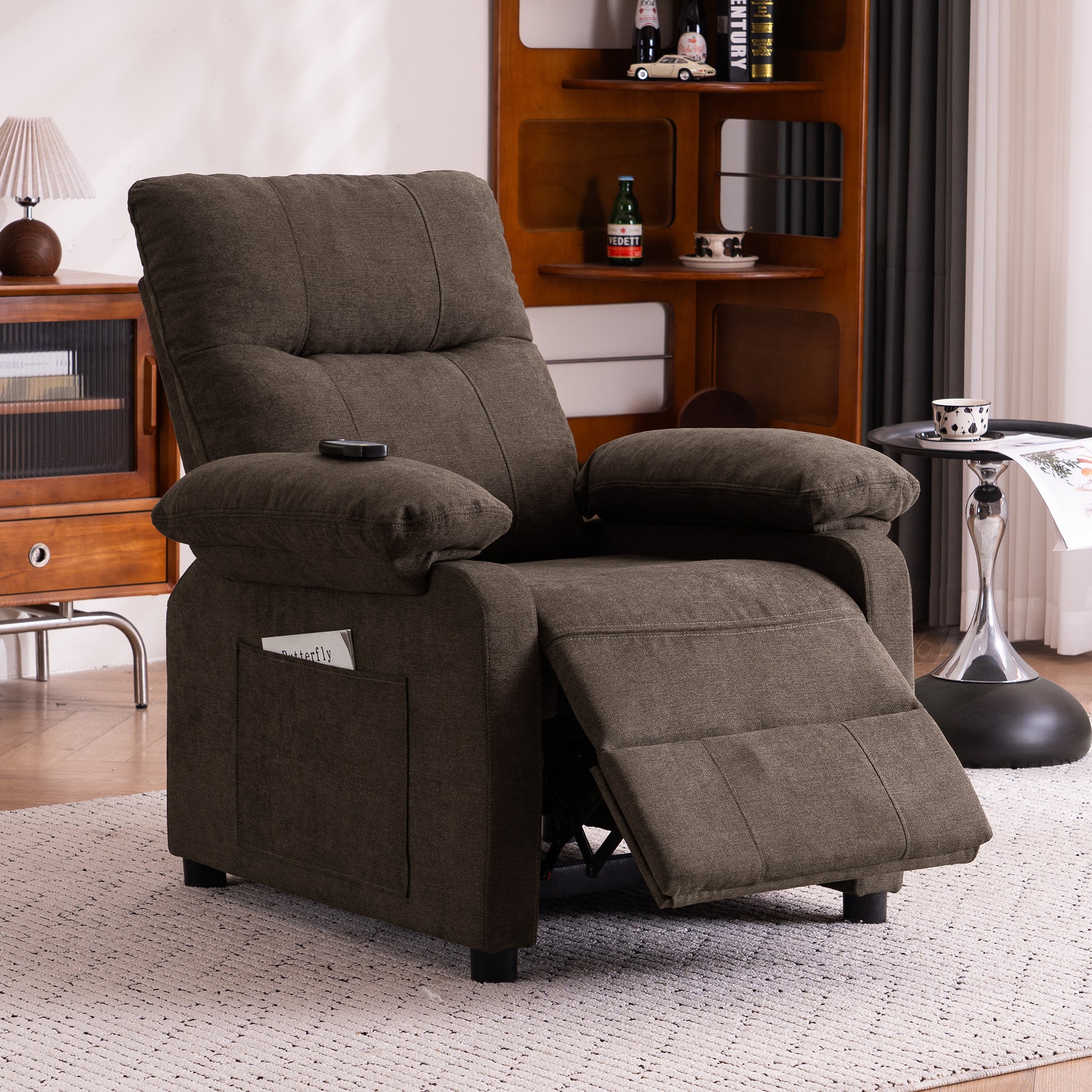 019-160°Recliner Chair for Elderly Seniors-Manual Push Back Reclining Chair with 8-Point Massage & Heating, Plush Chenille Fabric & Remote Control, Side Storage Pockets for Living Room, Bedroom, Brown