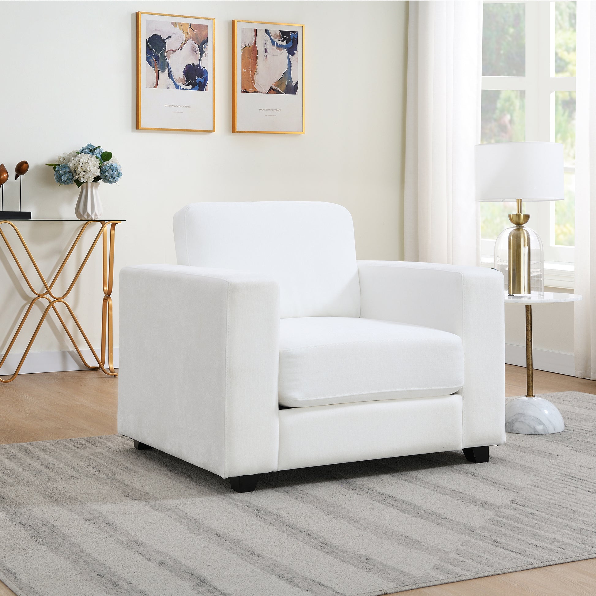 Oversized Accent Chair with Widen Arms, Chenille Fabric Modern Chair, Washable Covers, Comfy Upholstered Large Chair Armchair Sofa Chair Reading Chair for Living Room Bedroom Office, Ivory