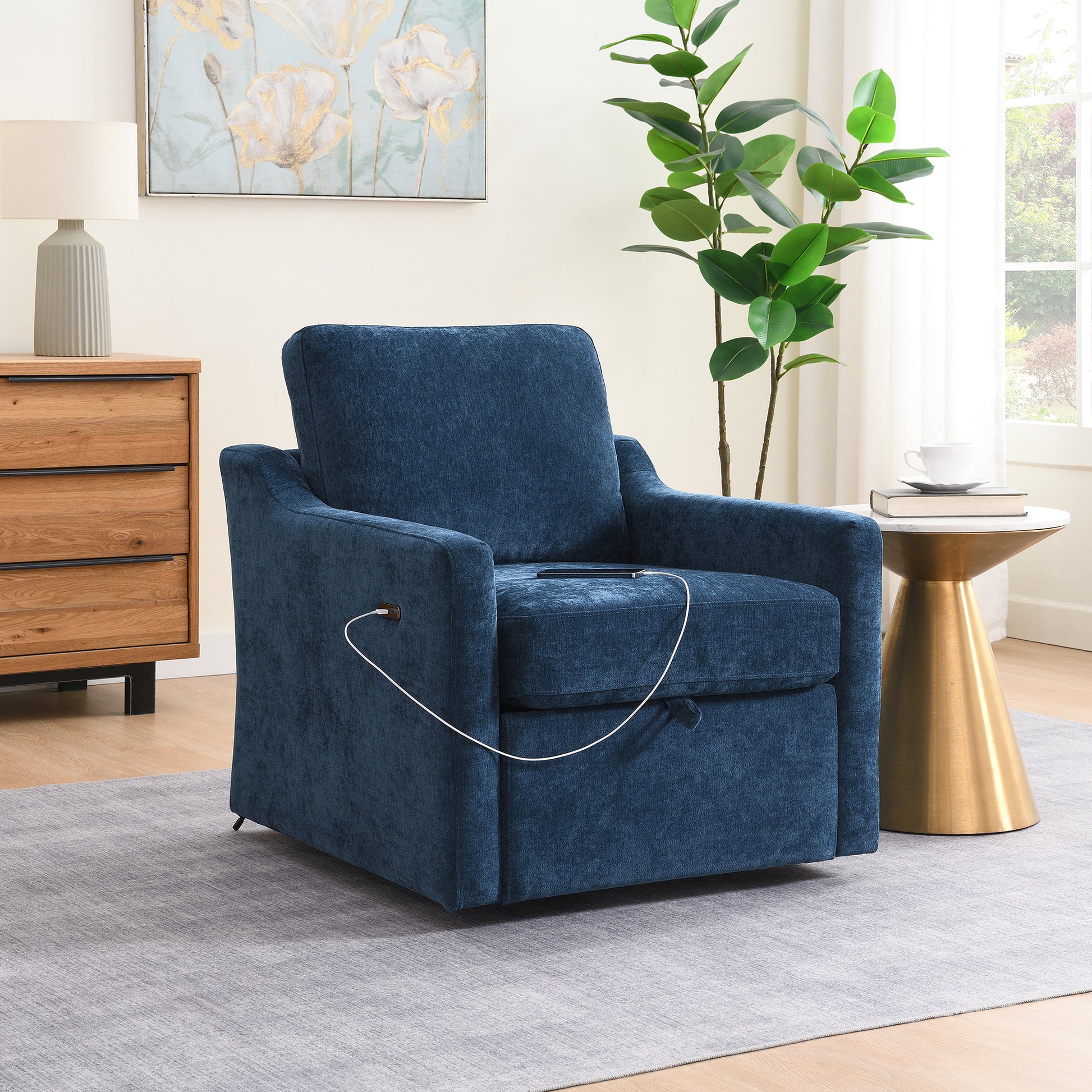 Swivel Arm Chair with Soft Chenille Fabric, Comfy Accent Chair for Living Room. Bedroom .Reading Waitingroom, With USB+TYPE-C charging and book pocket, 1 PC, Navy Blue