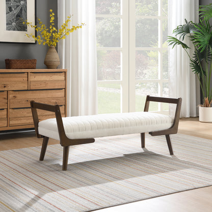 52" Mid Century Bench with Walnut Wood Leg,Channeled Upholstered Footrest Stool for Kitchen, Living Room, Bedroom, Entryway, End of Bed. Chenille Fabric Beige