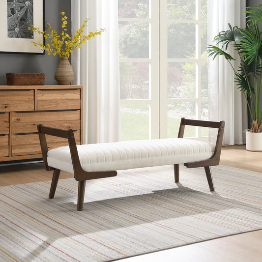 52" Mid Century Bench with Walnut Wood Leg,Channeled Upholstered Footrest Stool for Kitchen, Living Room, Bedroom, Entryway, End of Bed. Chenille Fabric Beige