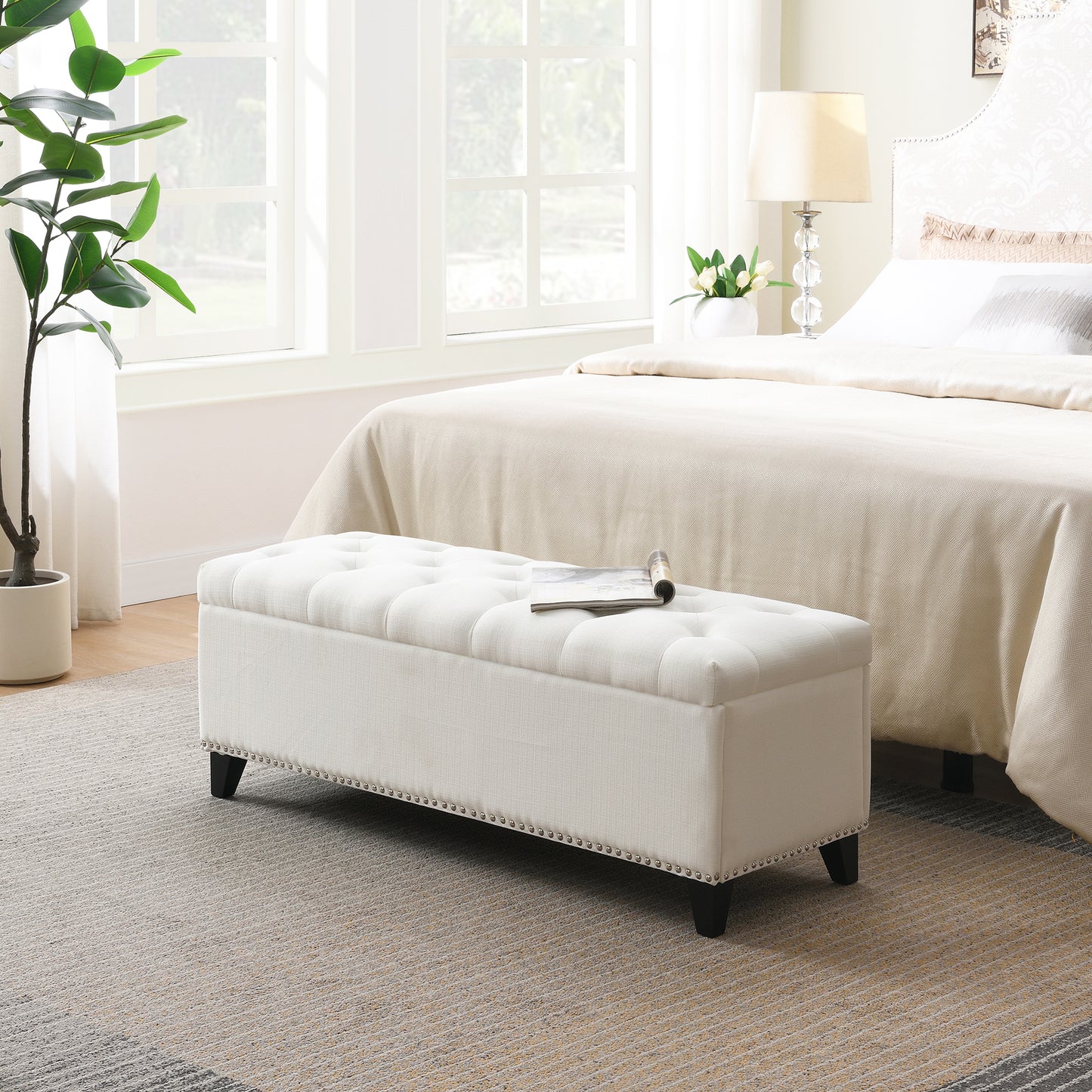 47.5" Storage Ottoman, Storage Bench with Safety Close Hinge, Linen Button-Tufted Ottoman for Living Room, Entryway, Hallway, Foot Rest, Support 500lbs - Beige