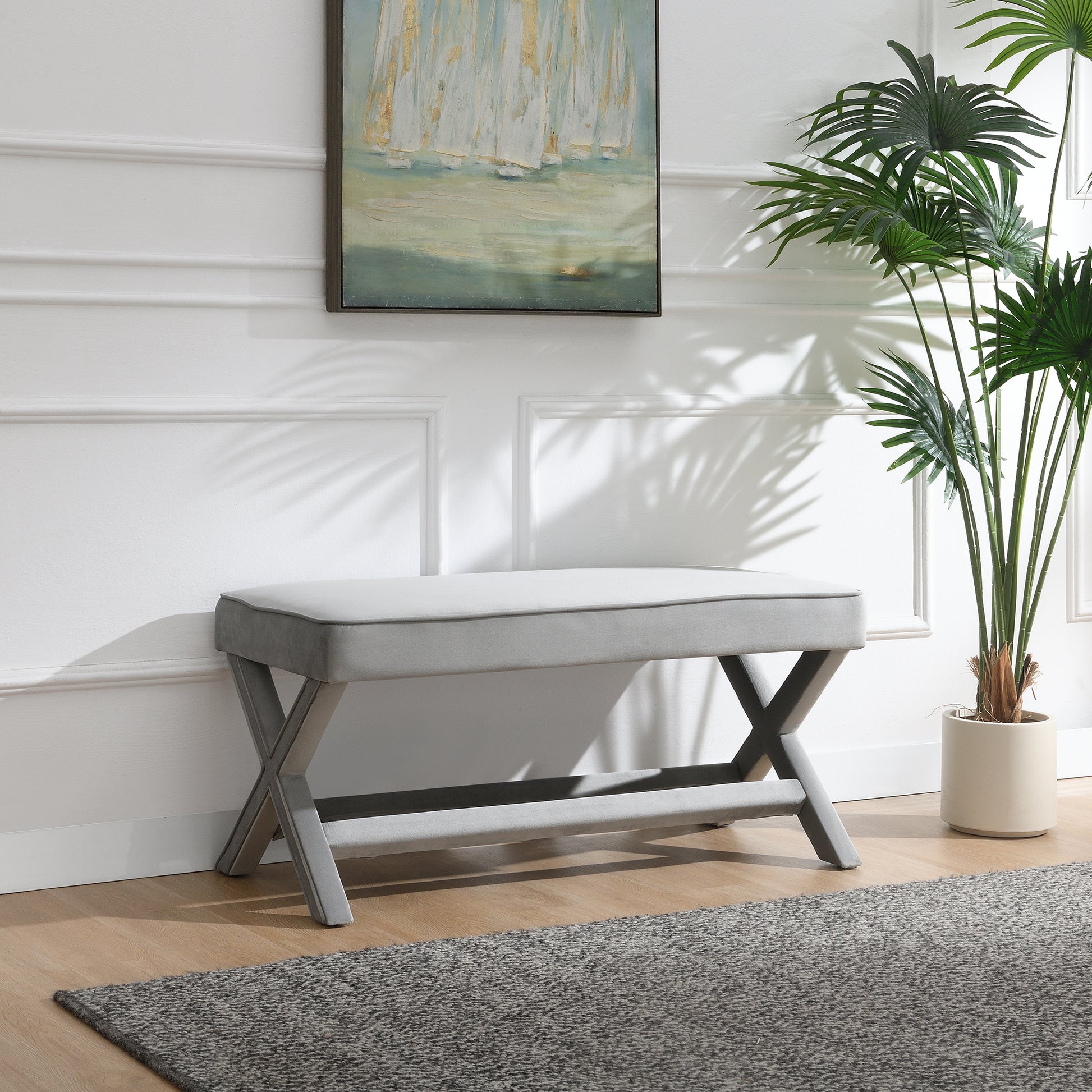 Comfort Double Bench Upholstered in Velvet Fabric,Stool with Stylish X-Crossed Legs,Comfort Cushion with piping,Velvet Light Grey