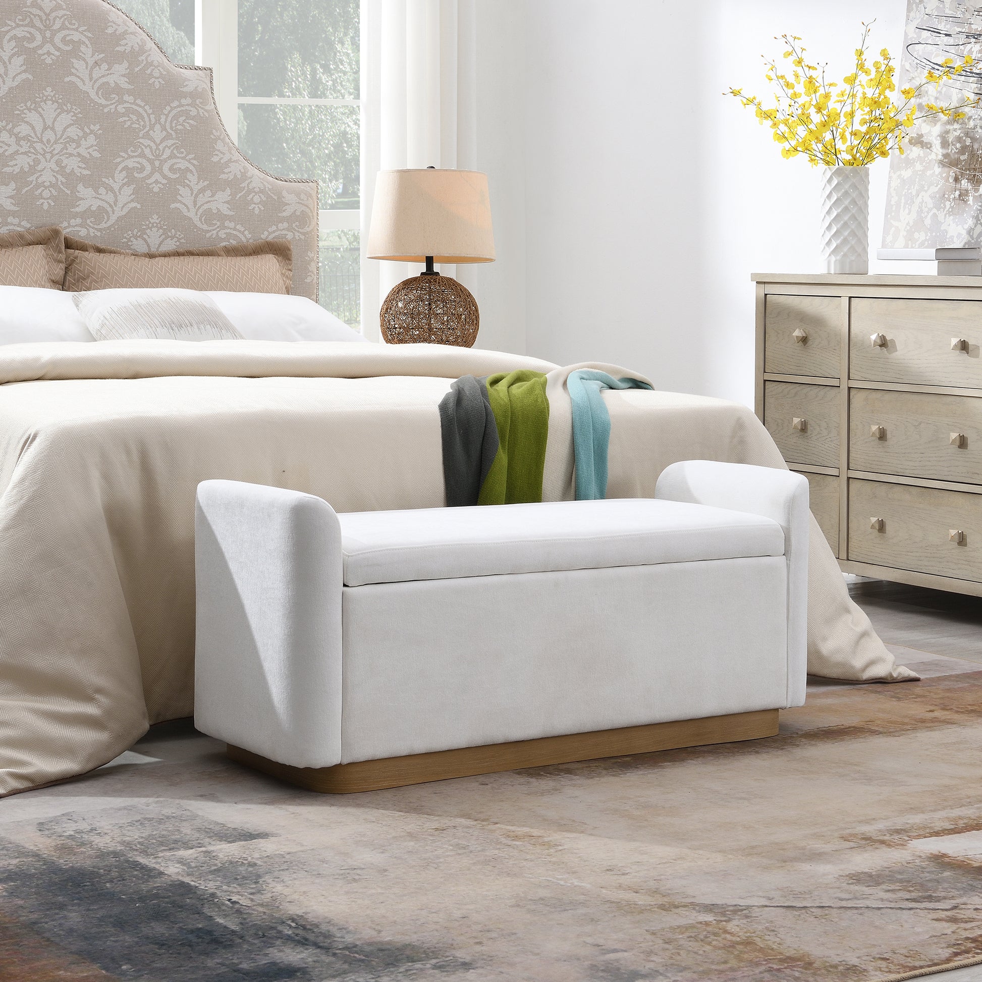 49" Bench with Storage, Storage Ottoman Bench with Safety Hinge, Gold Metal Base with wood frame, Upholstered Entryway Bench for Bedroom, Living Room, Hold up to 350 lb, Beige